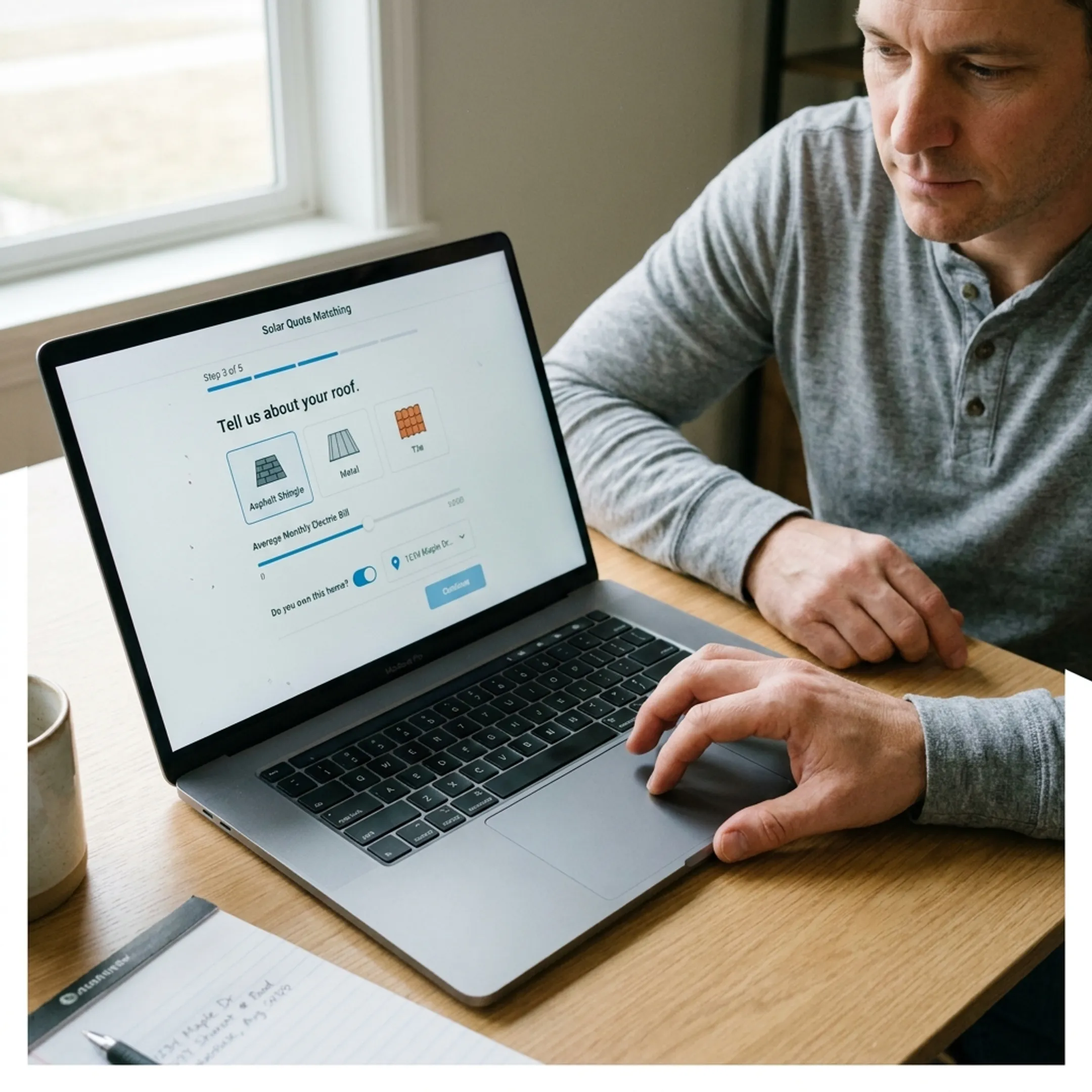 Homeowner completing an online solar quote matching form