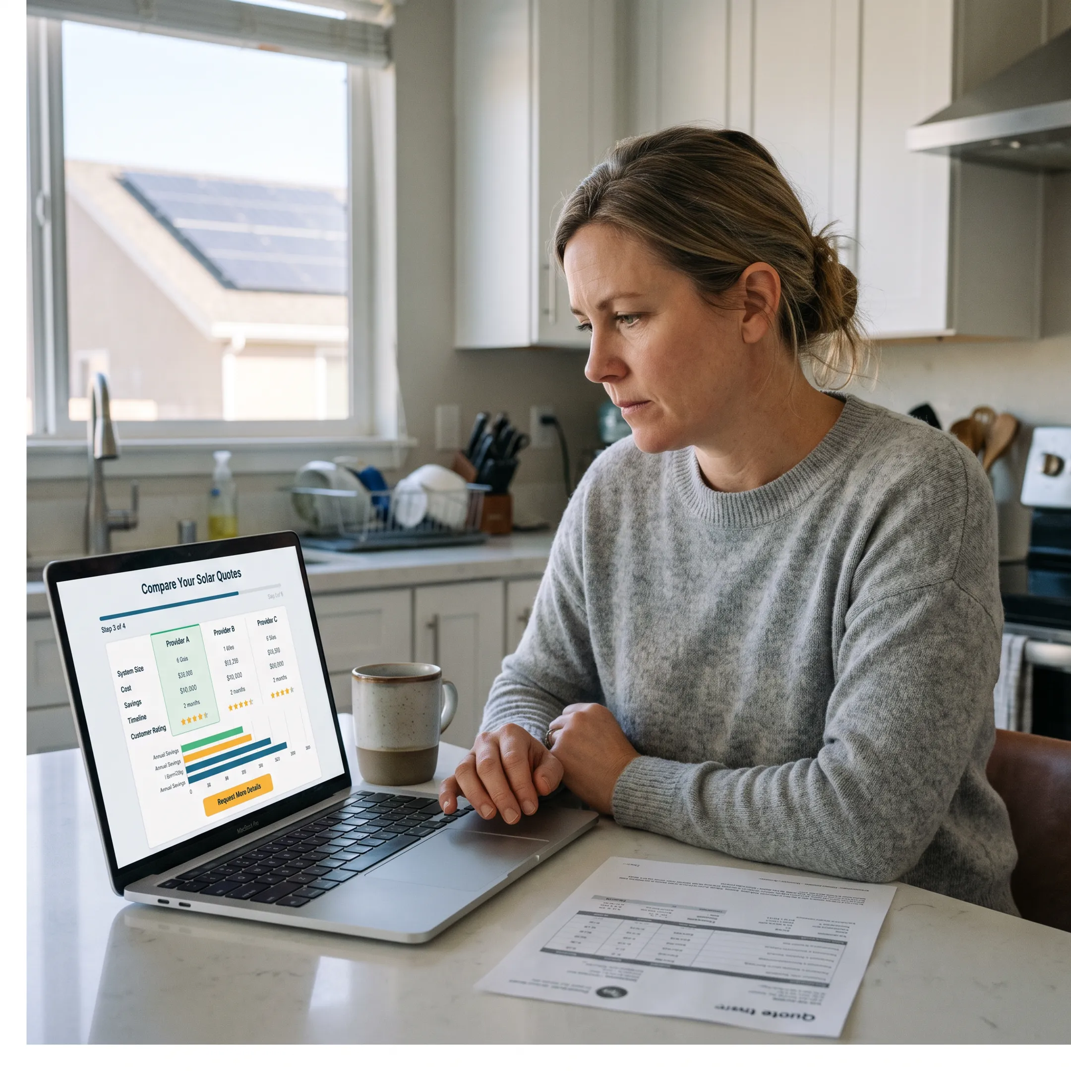 Homeowner reviewing solar installation quotes on a laptop at home
