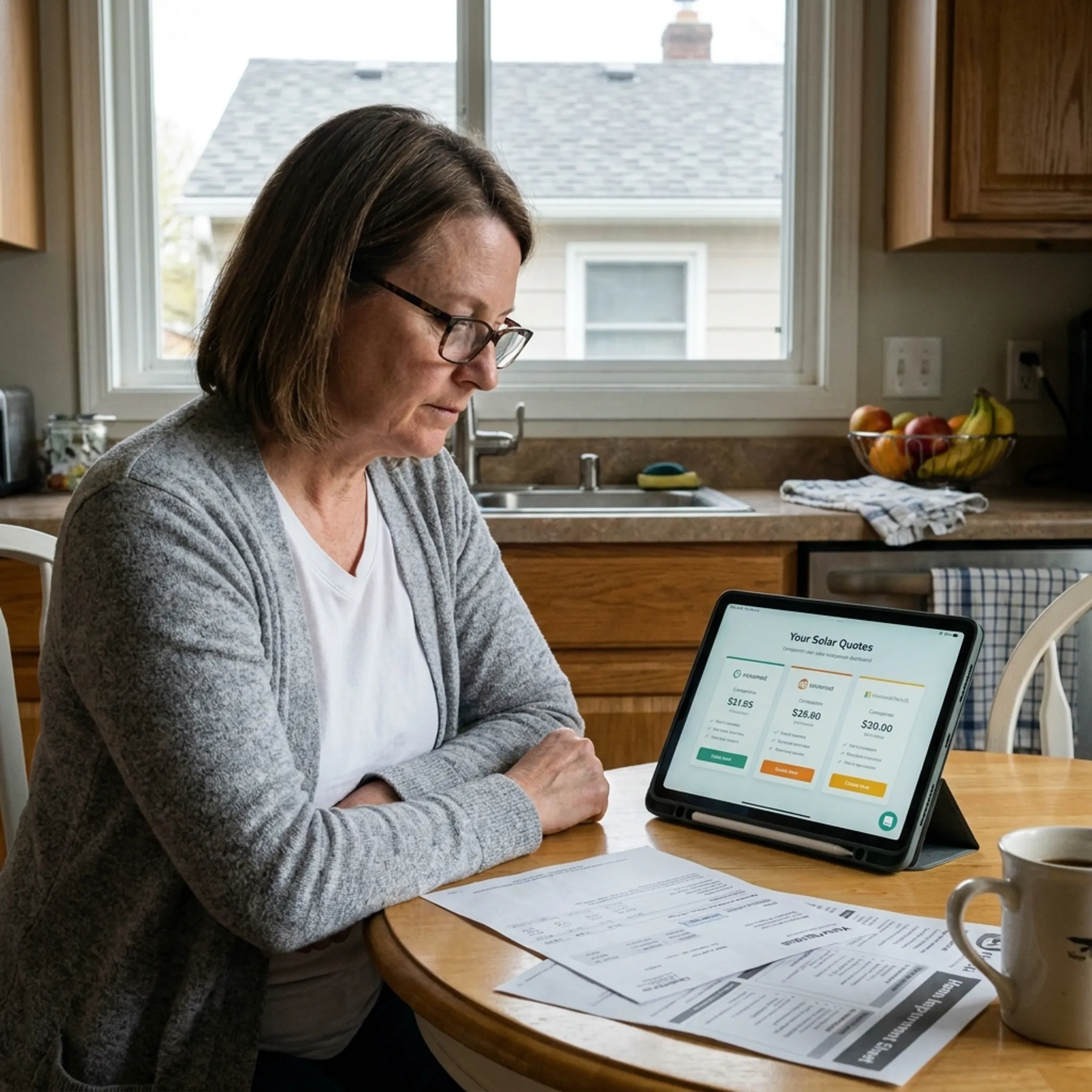 Homeowner exploring solar quote options with a contractor on a tablet