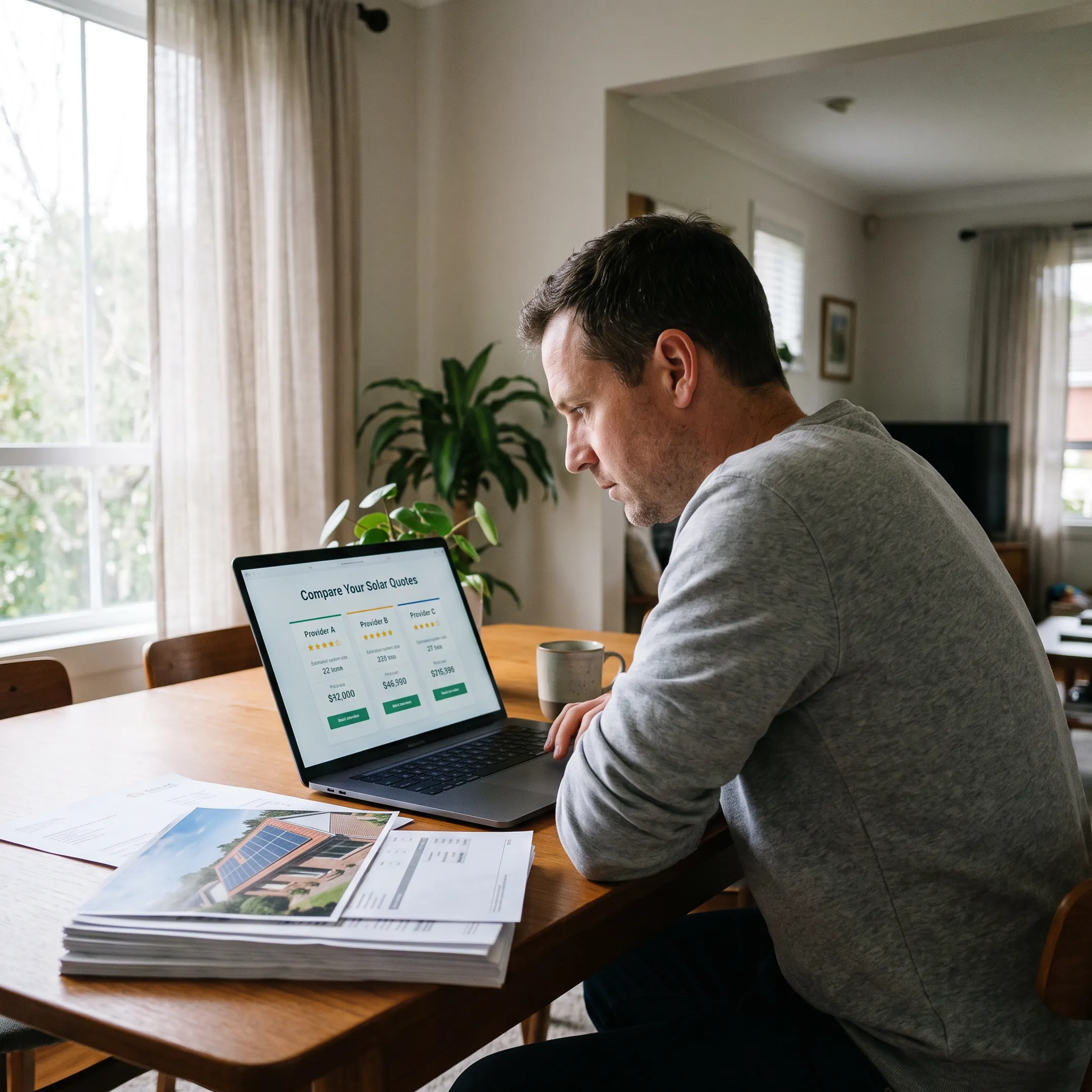 Homeowner reviewing solar panel installation quotes on a laptop at home