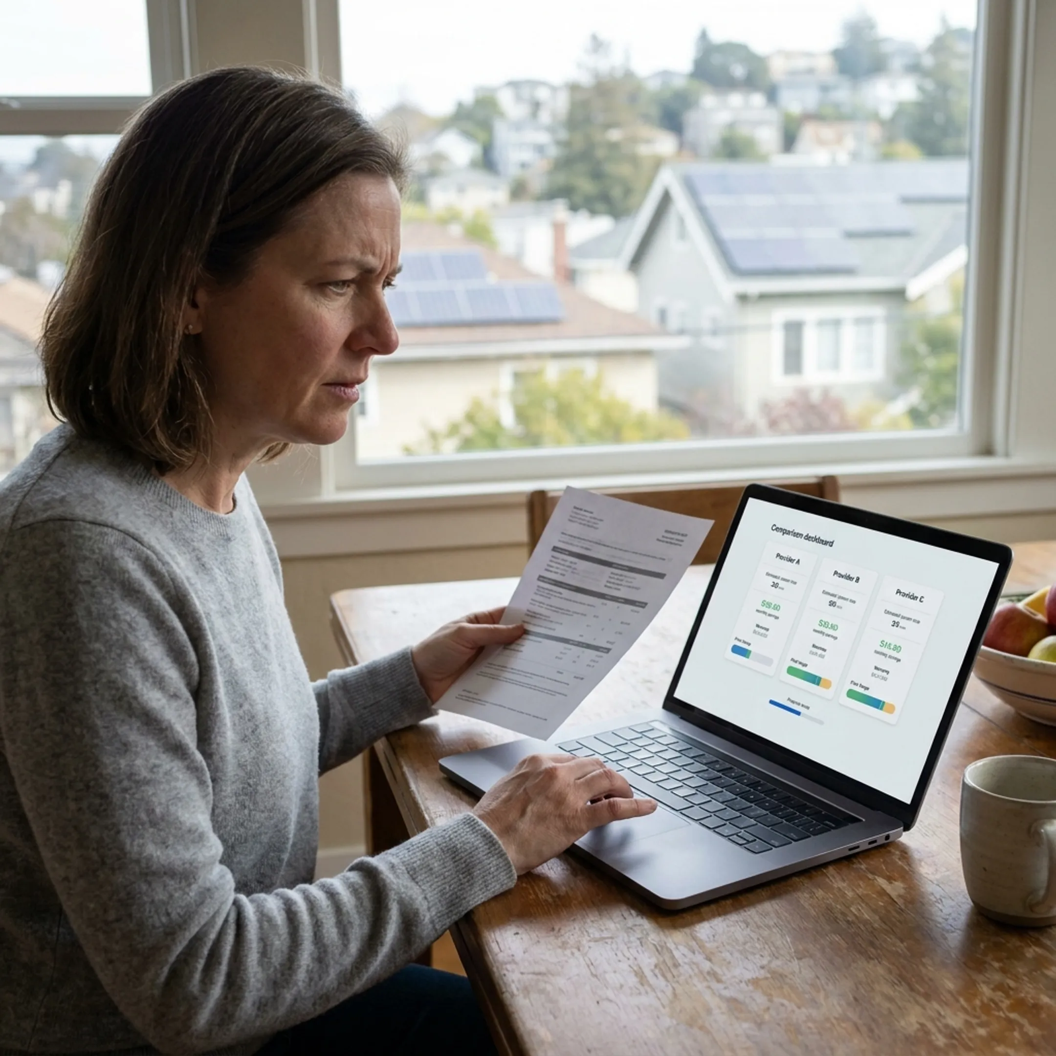 Homeowner comparing solar contractor quotes online