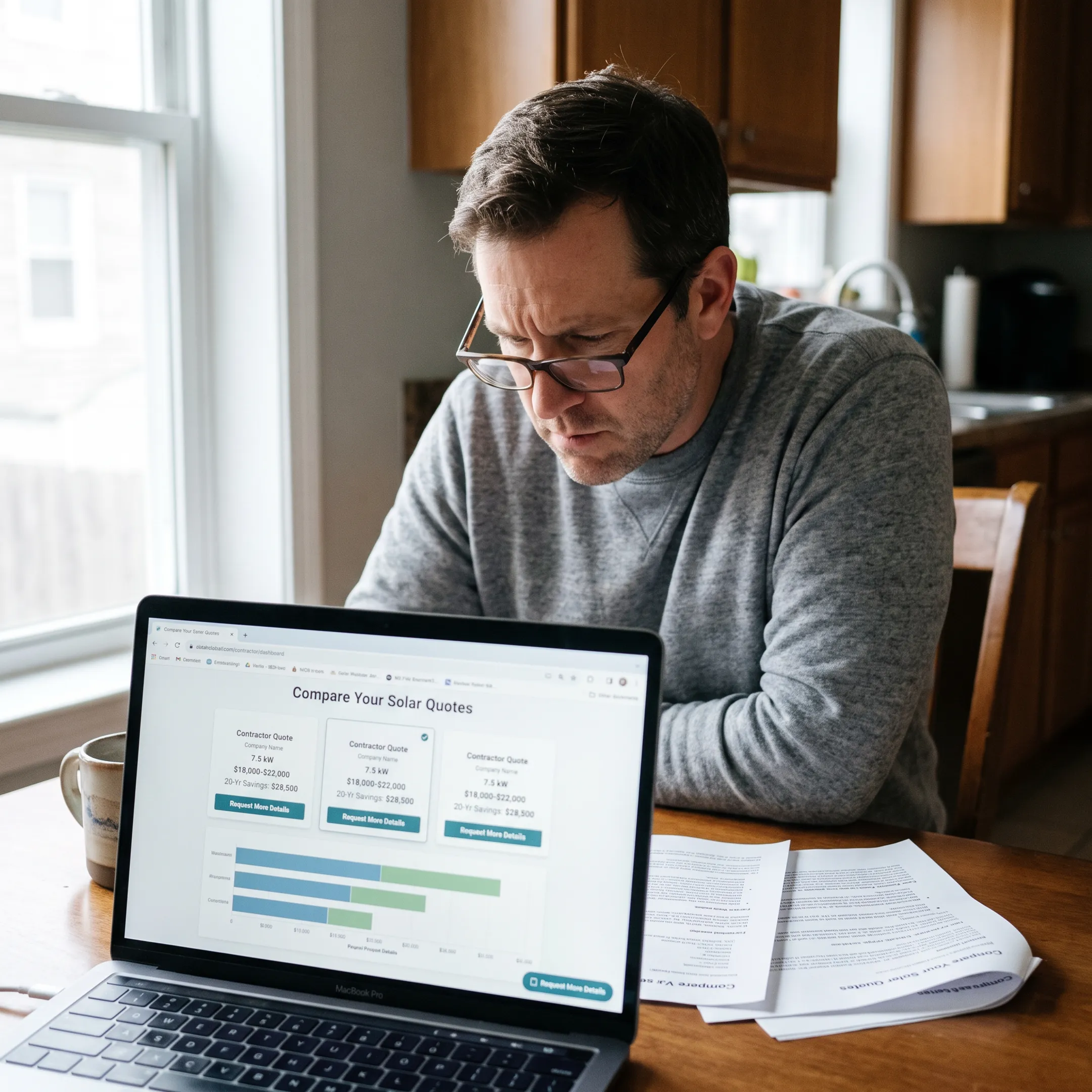 Homeowner reviewing solar contractor quote options at a kitchen table