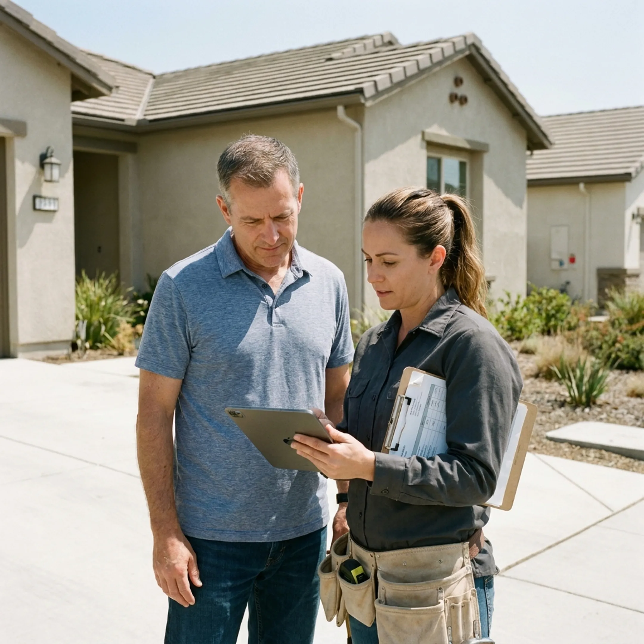 Homeowner reviewing solar installation quotes with a contractor on a California property