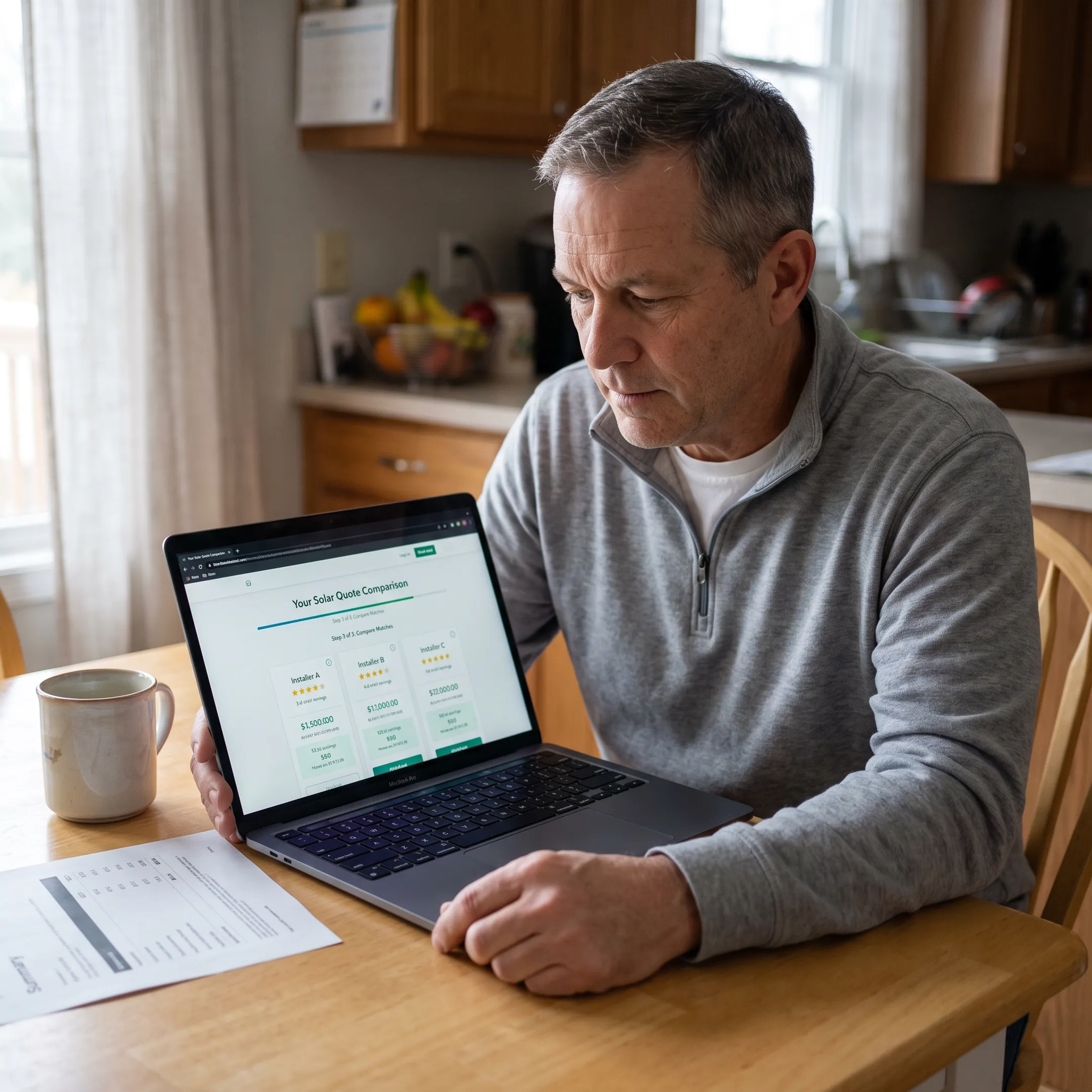 Homeowner reviewing matched solar contractors and quote options online