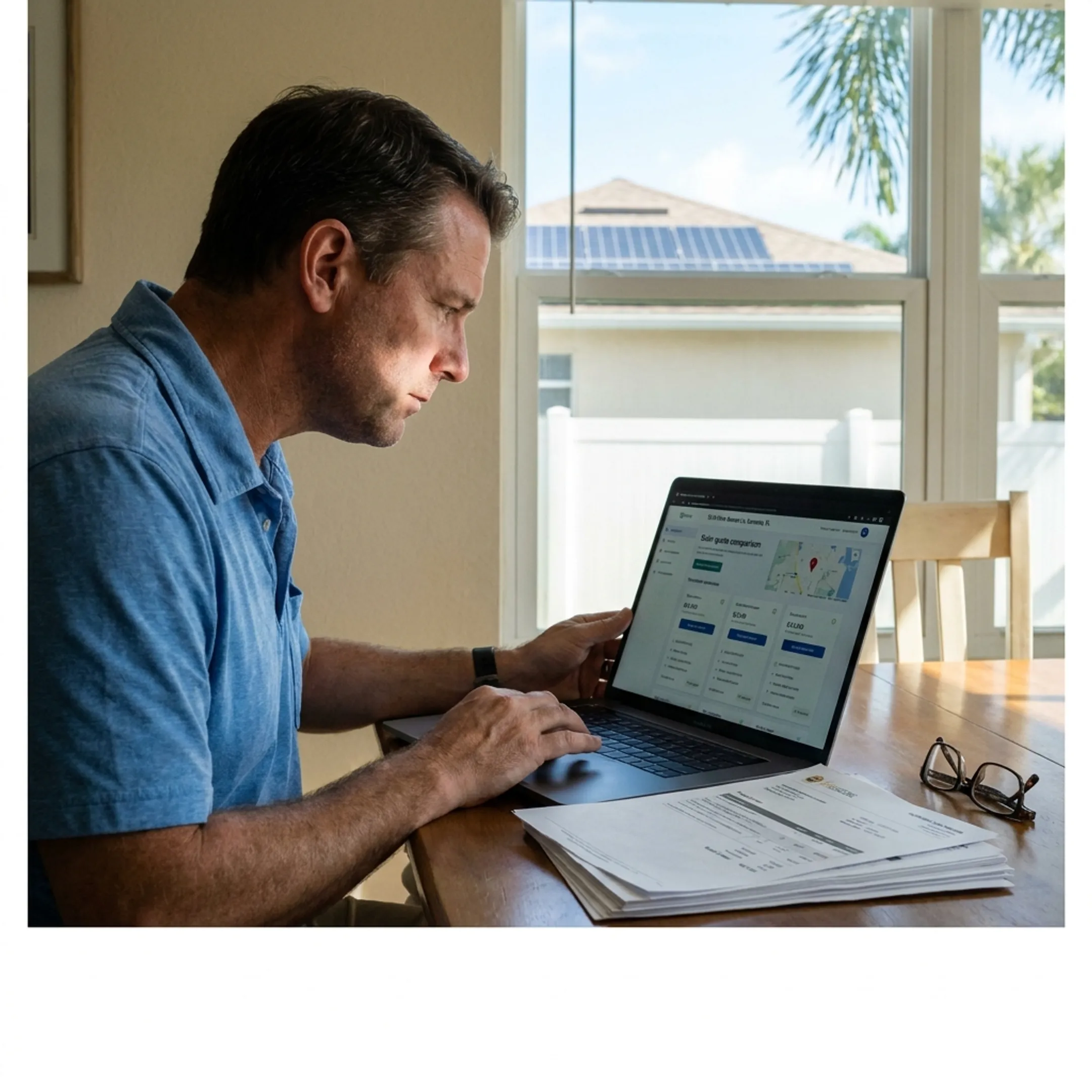 Homeowner reviewing solar contractor quotes for a Sarasota home