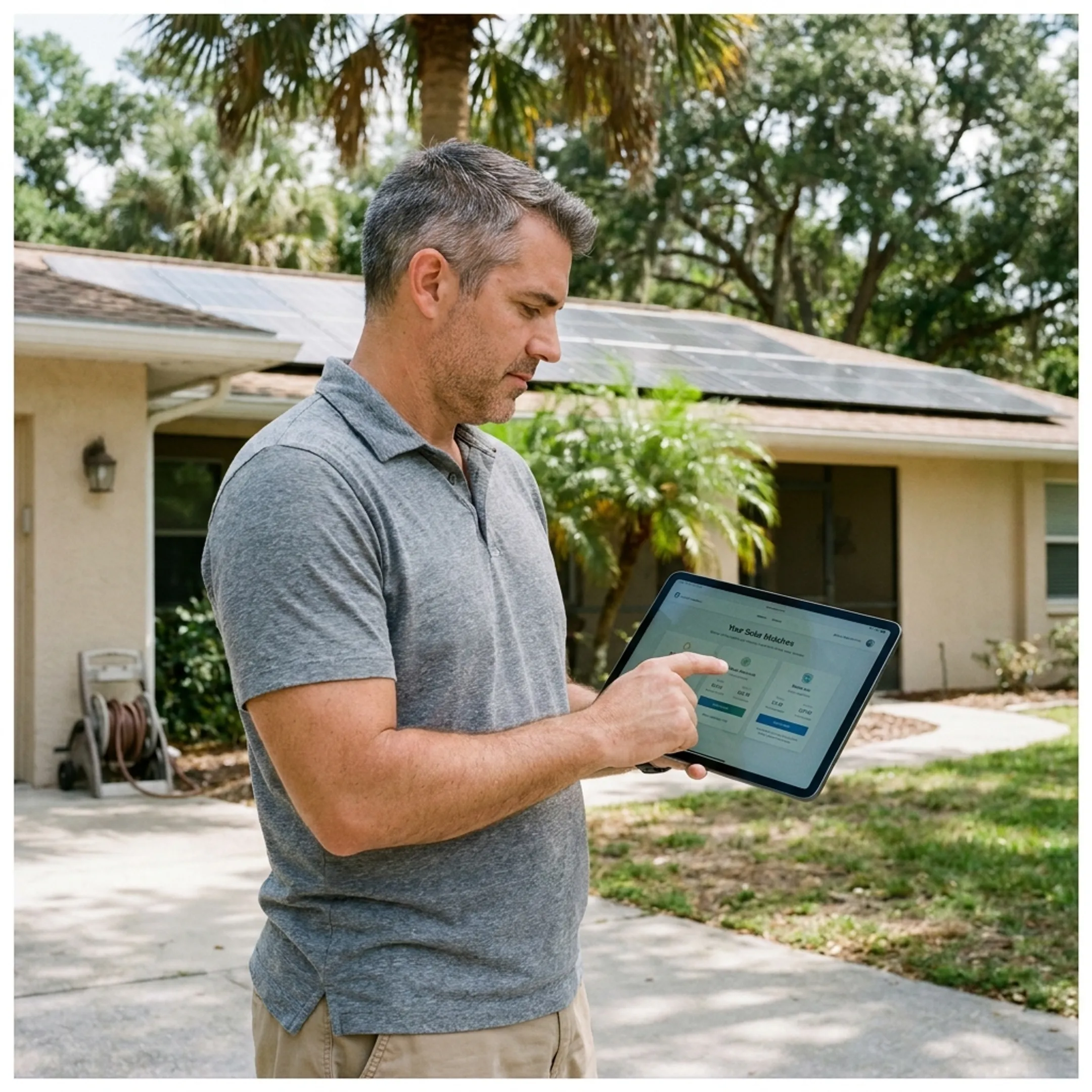 Homeowner comparing solar contractor matches and project quote options