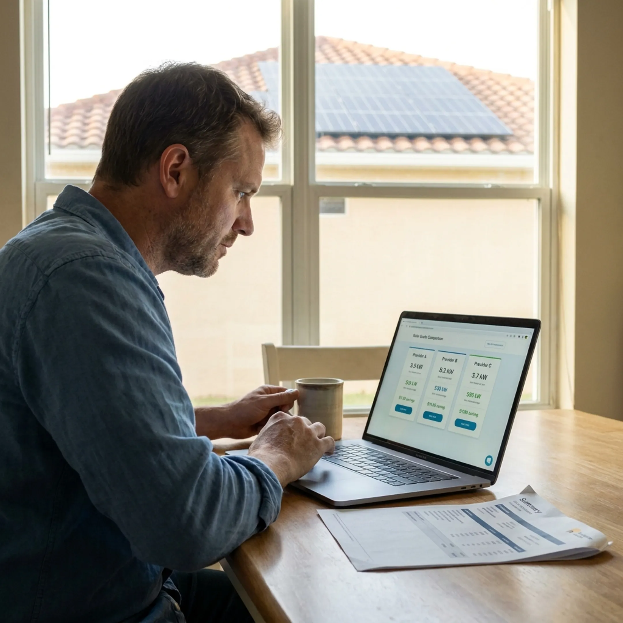 Florida homeowner reviewing solar contractor quote options at home