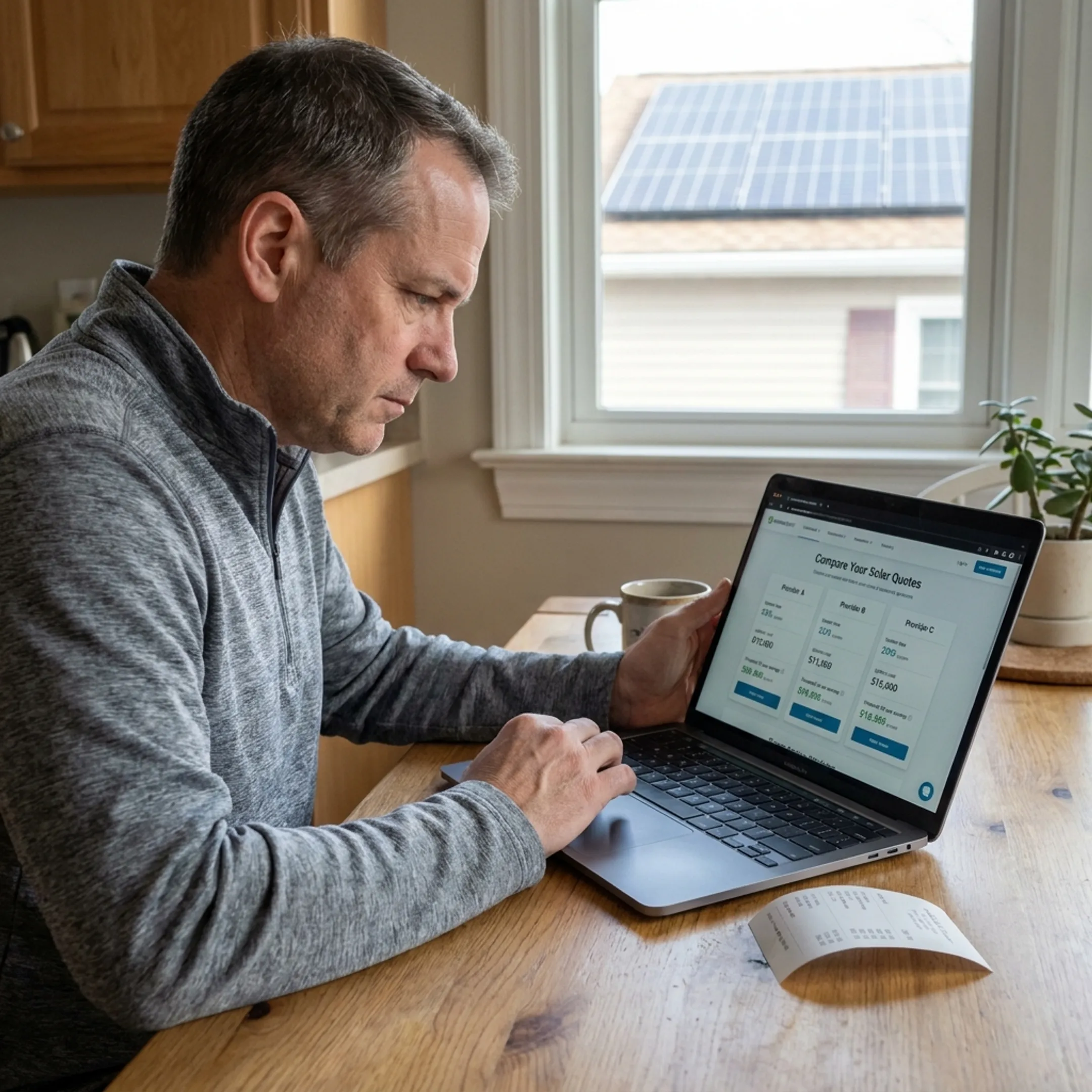 Homeowner comparing solar contractor quotes for a Riverside home
