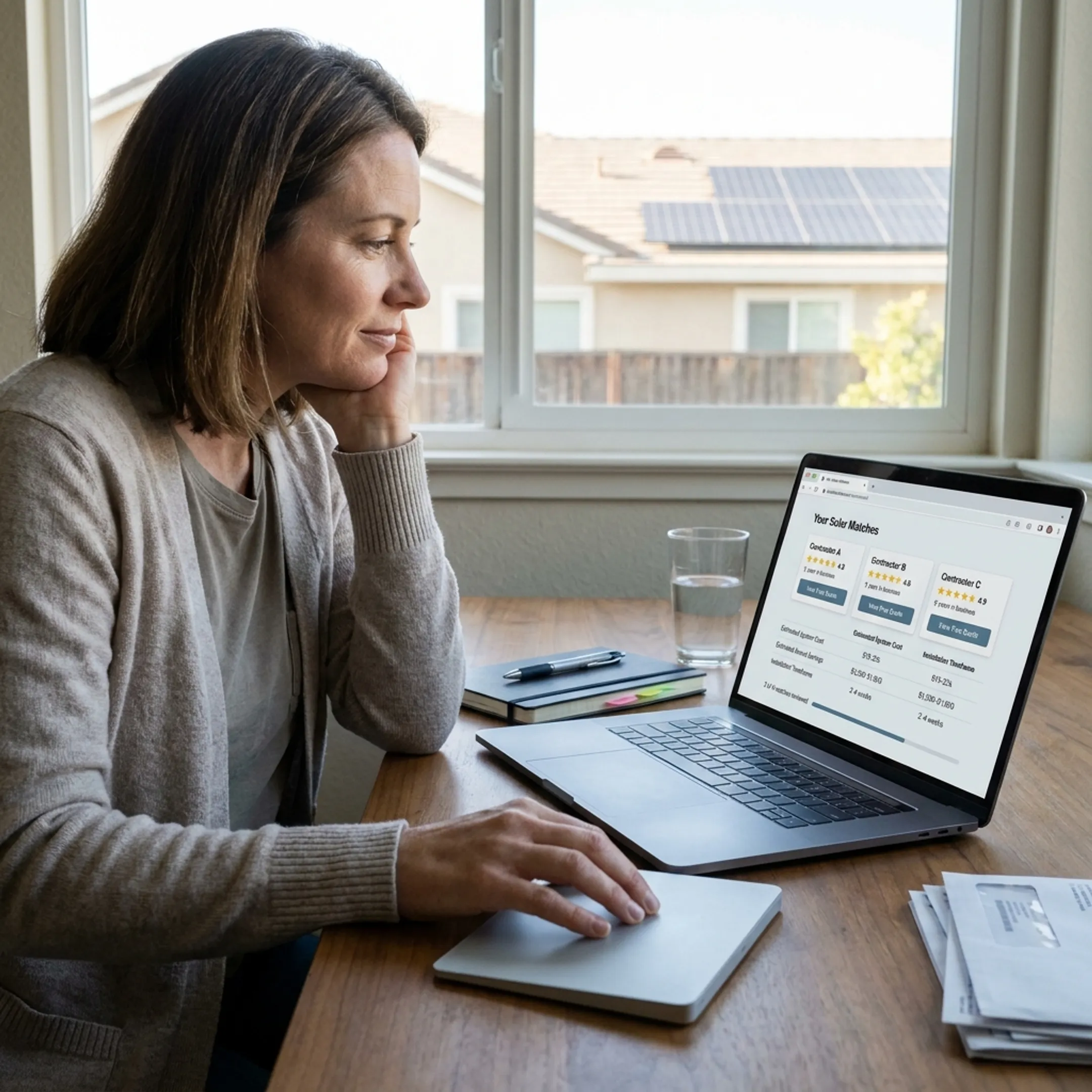 Homeowner reviewing matched solar contractors and quote options