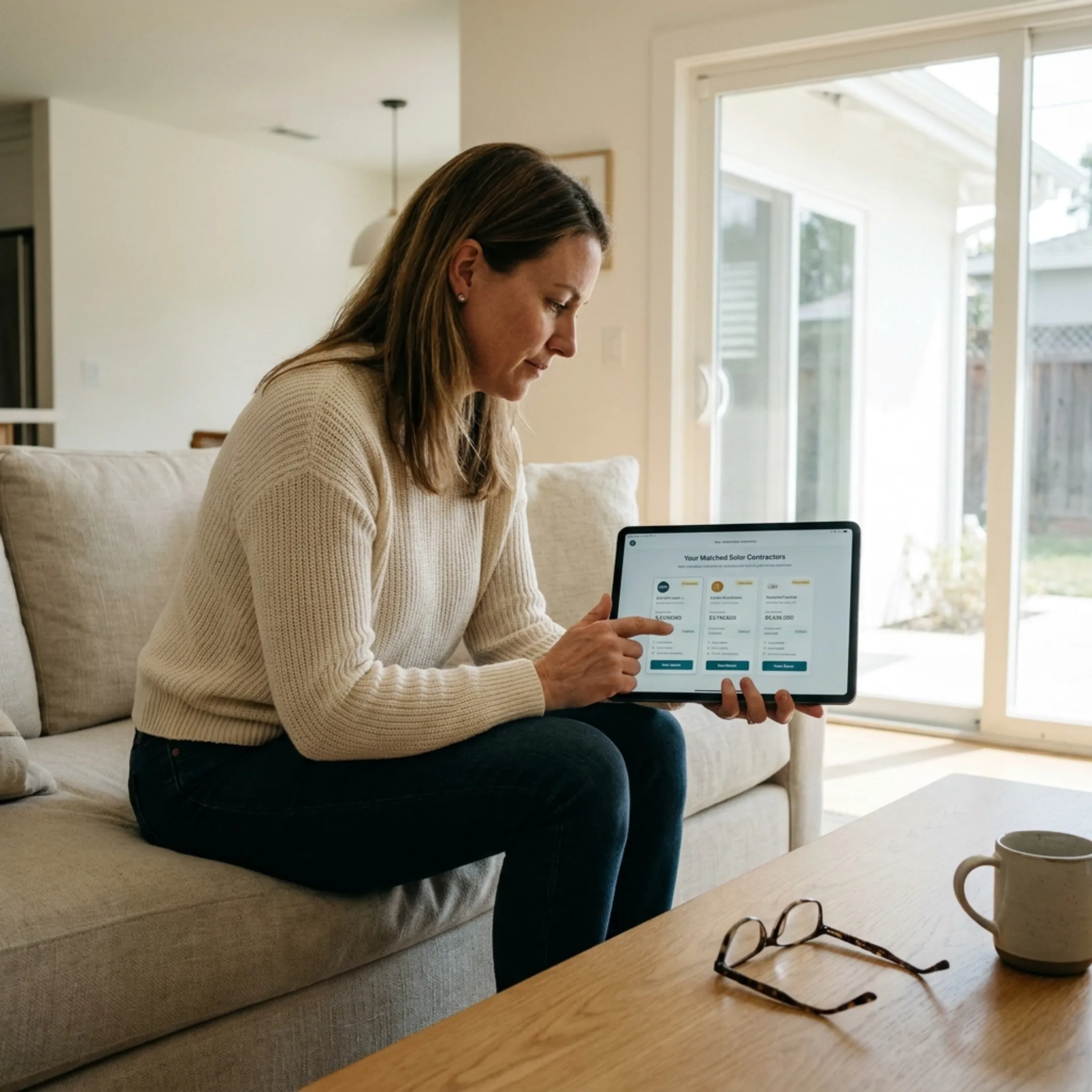 Homeowner comparing solar installer matches and project quotes