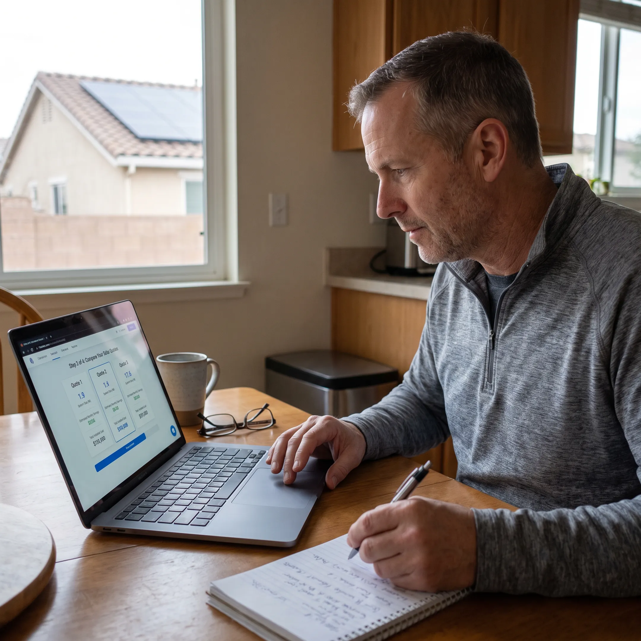 Murrieta homeowner reviewing solar contractor quotes on a laptop
