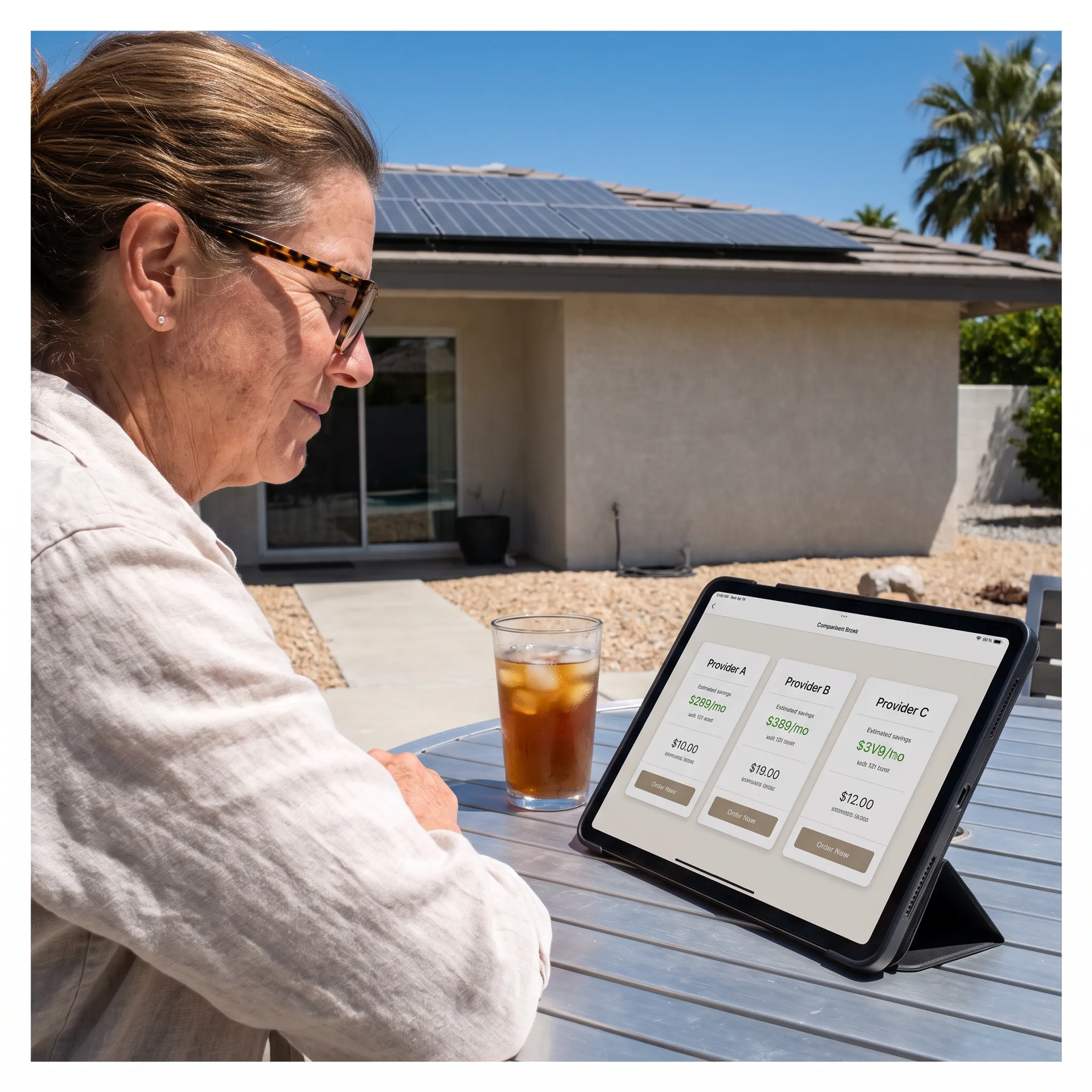 Homeowner reviewing solar installation contractor quotes at a Palm Springs home