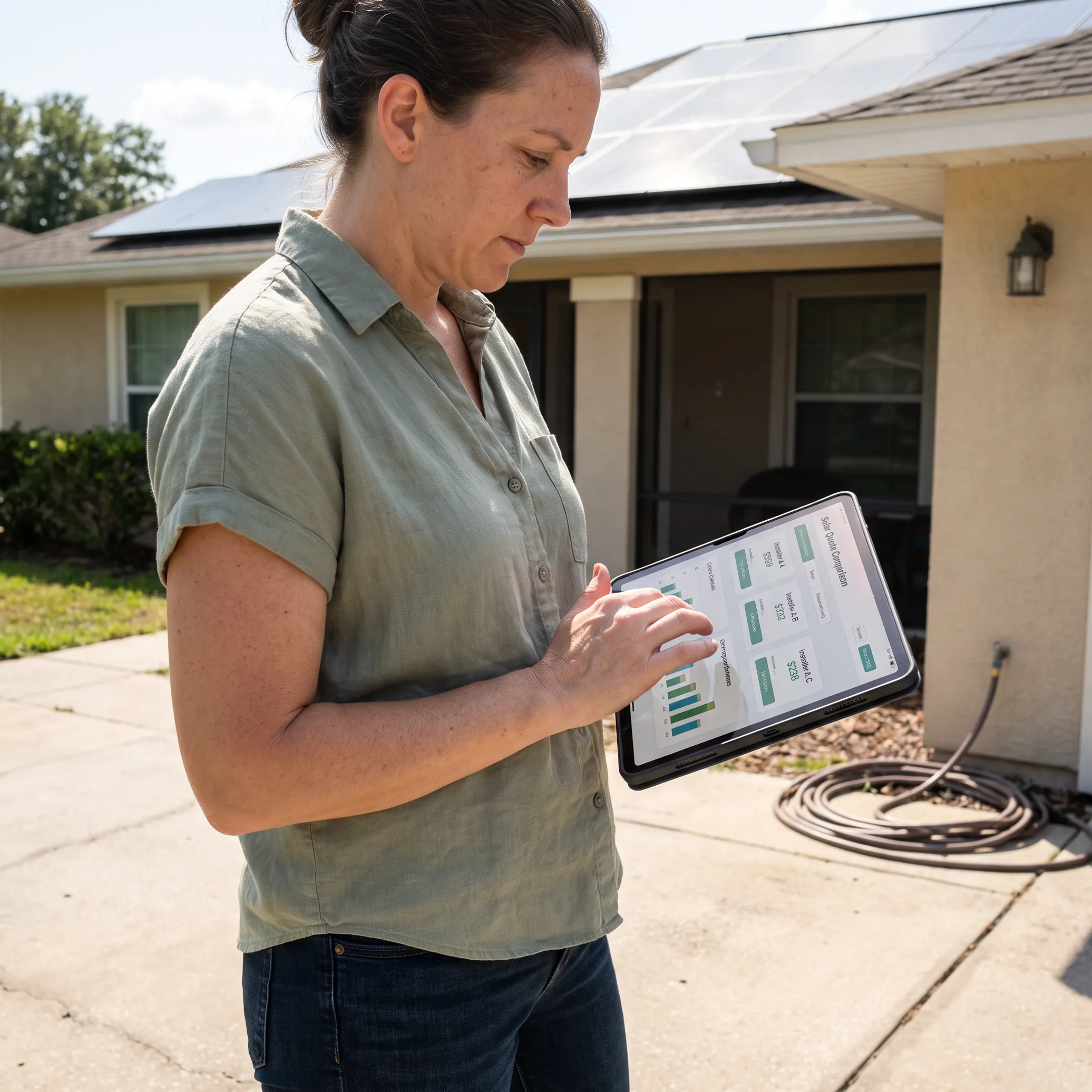 Tallahassee homeowner reviewing solar contractor quotes beside a sunlit home with rooftop solar panels