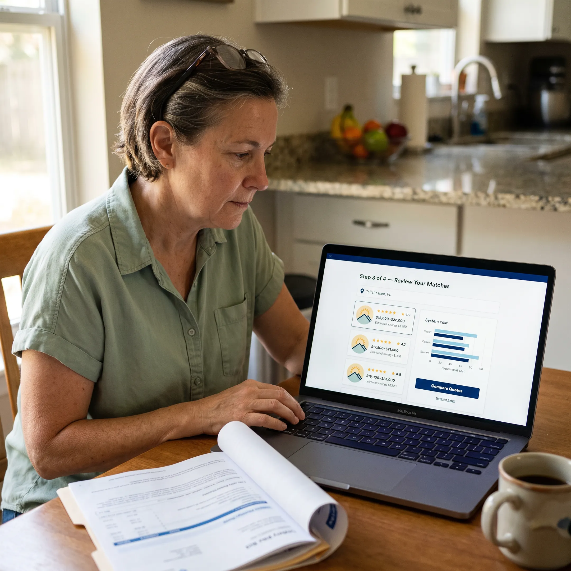 Homeowner completing a solar quote matching form while reviewing contractor options for a Tallahassee property