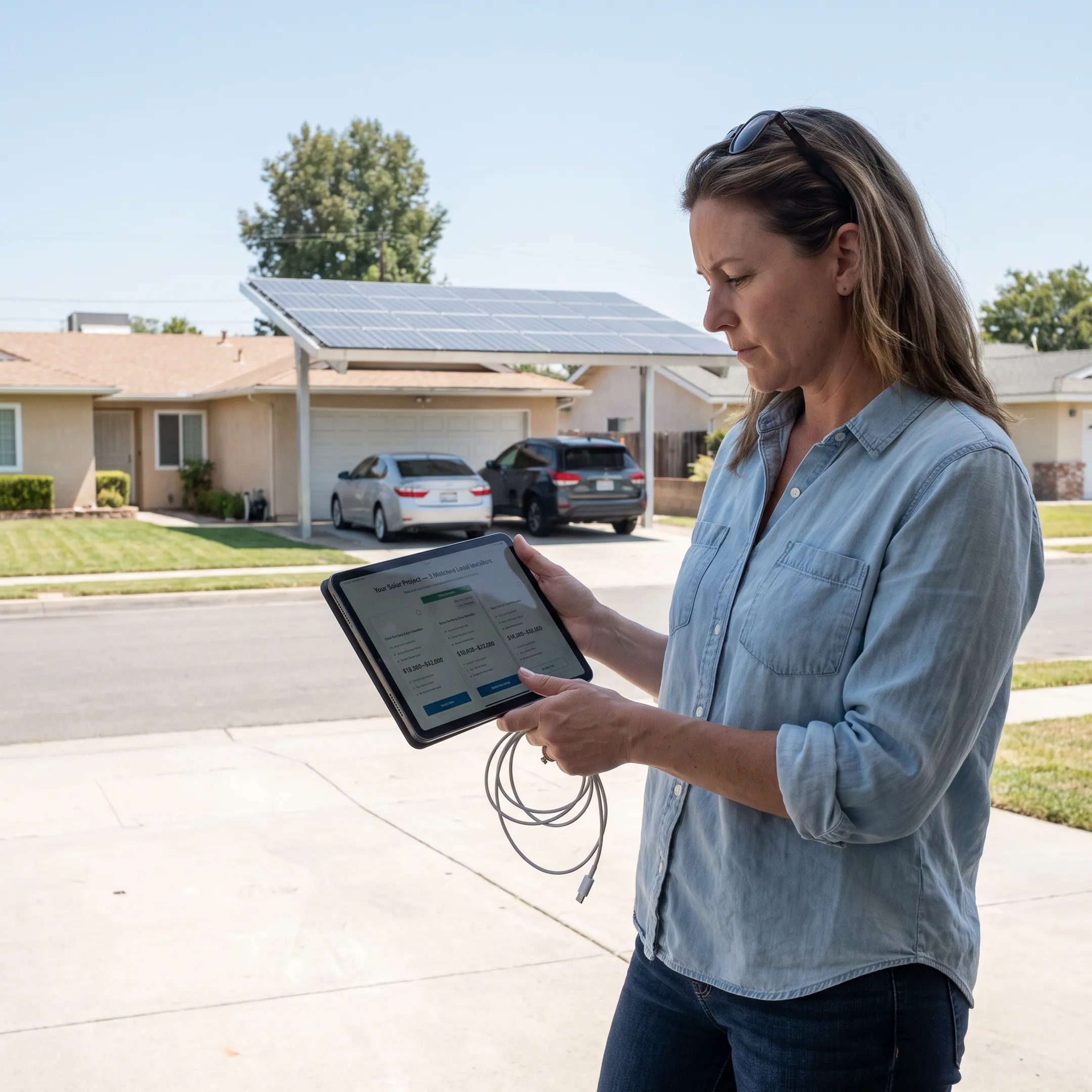 Solar carport with panels covering parked vehicles at a California home
