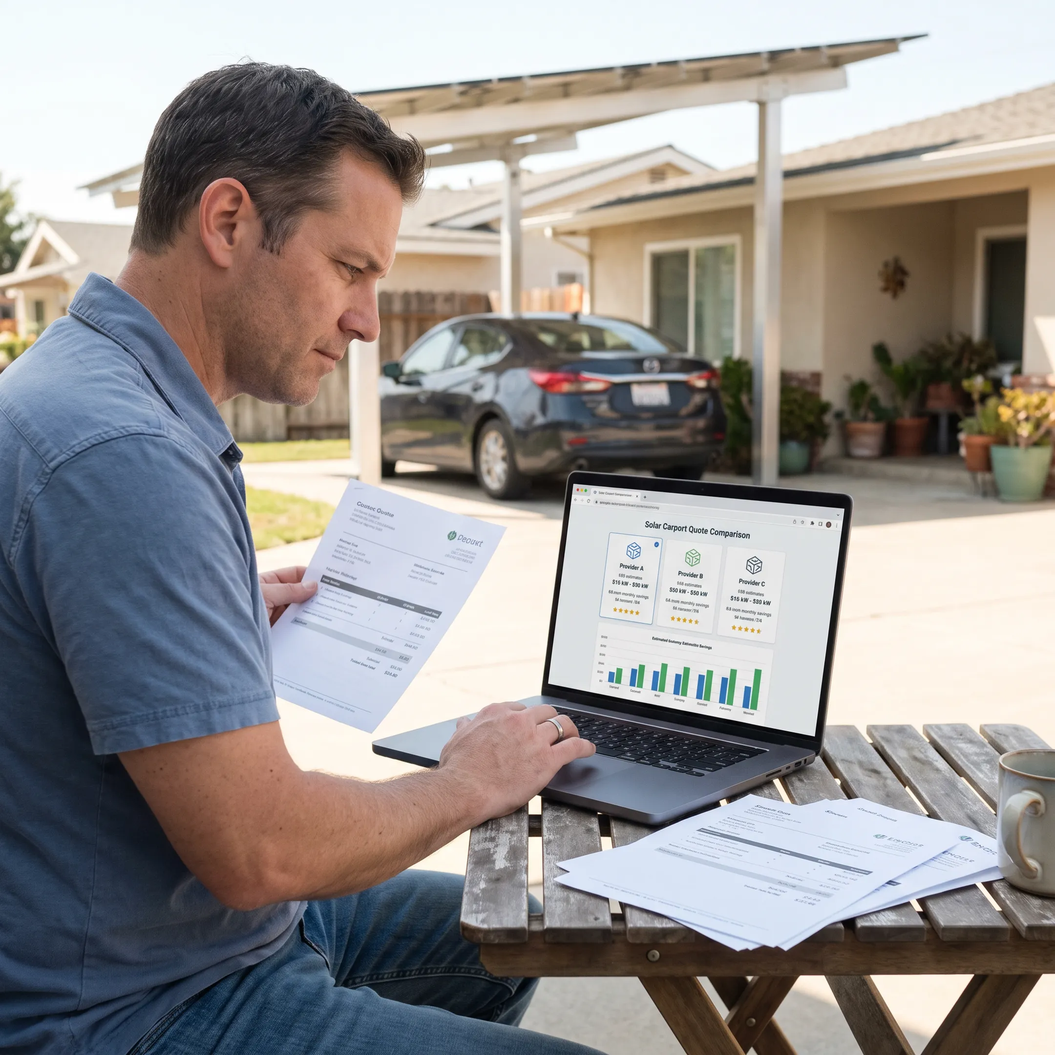 Homeowner comparing solar carport contractor quotes on a laptop