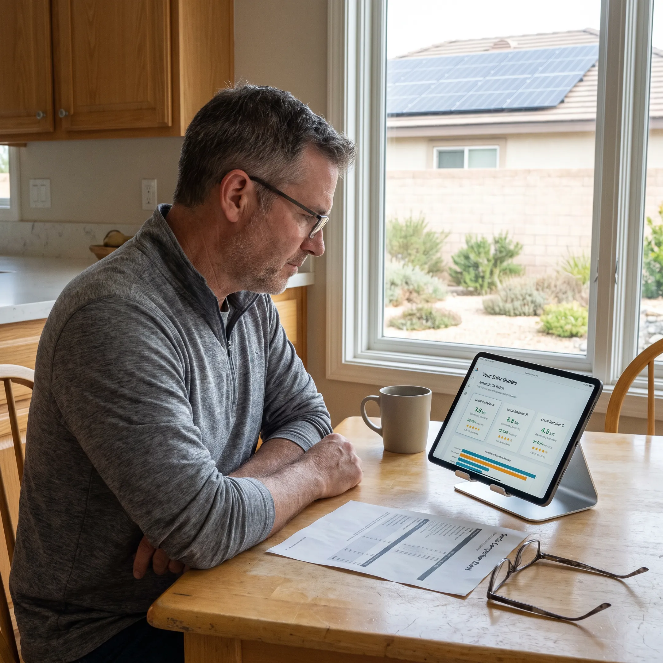 Homeowner reviewing solar contractor quotes for a Temecula home