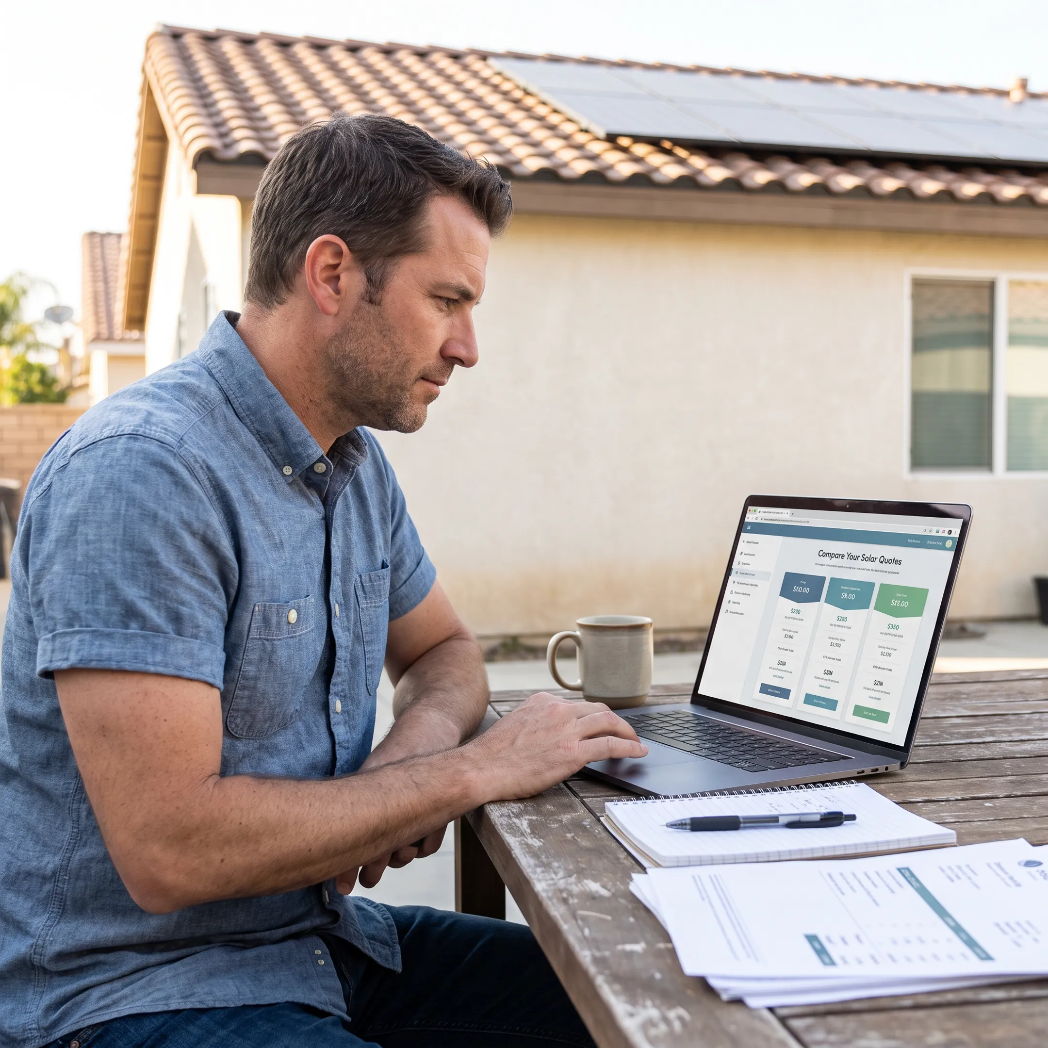 Homeowner comparing solar installation quotes on a laptop