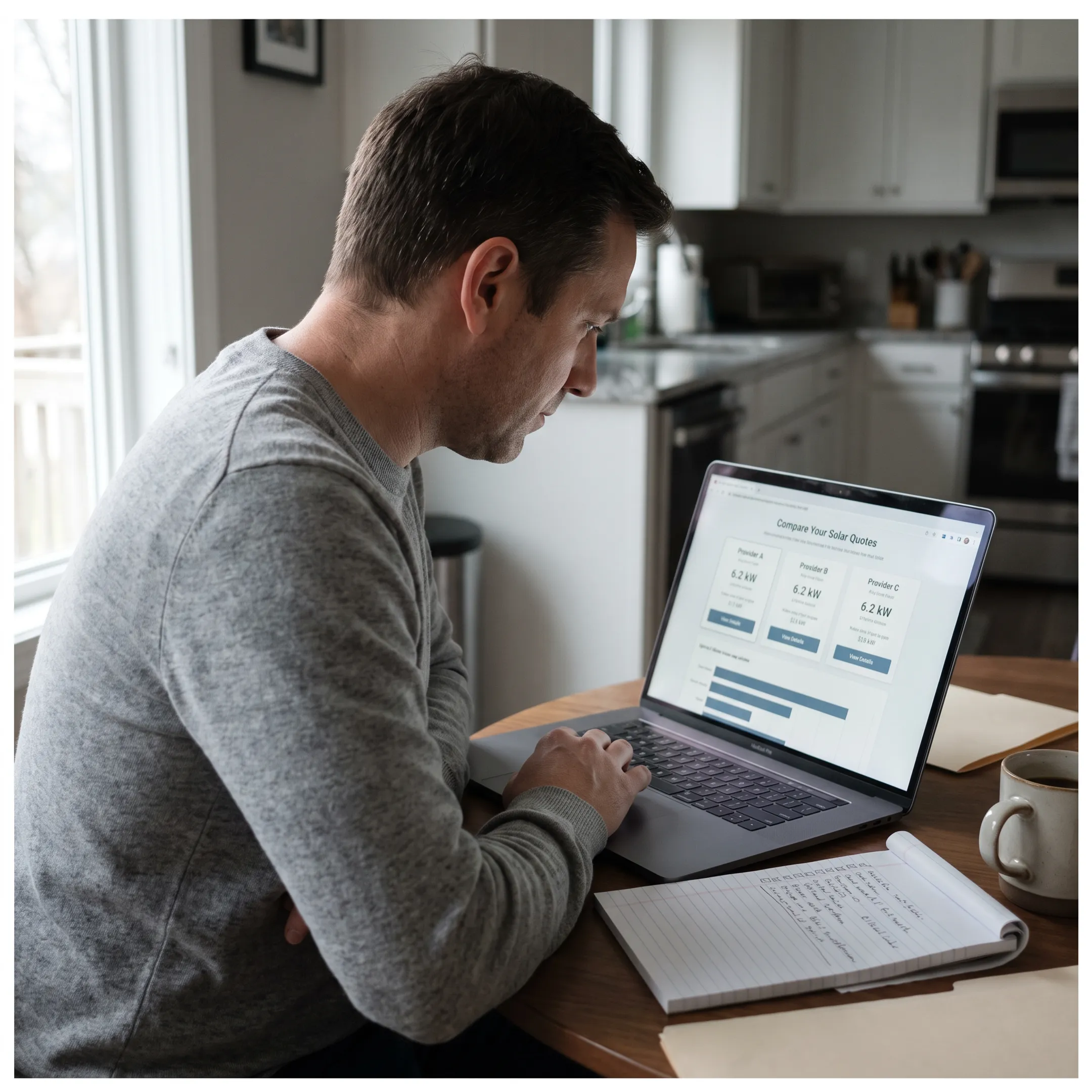 Homeowner reviewing solar contractor quote options at a kitchen table