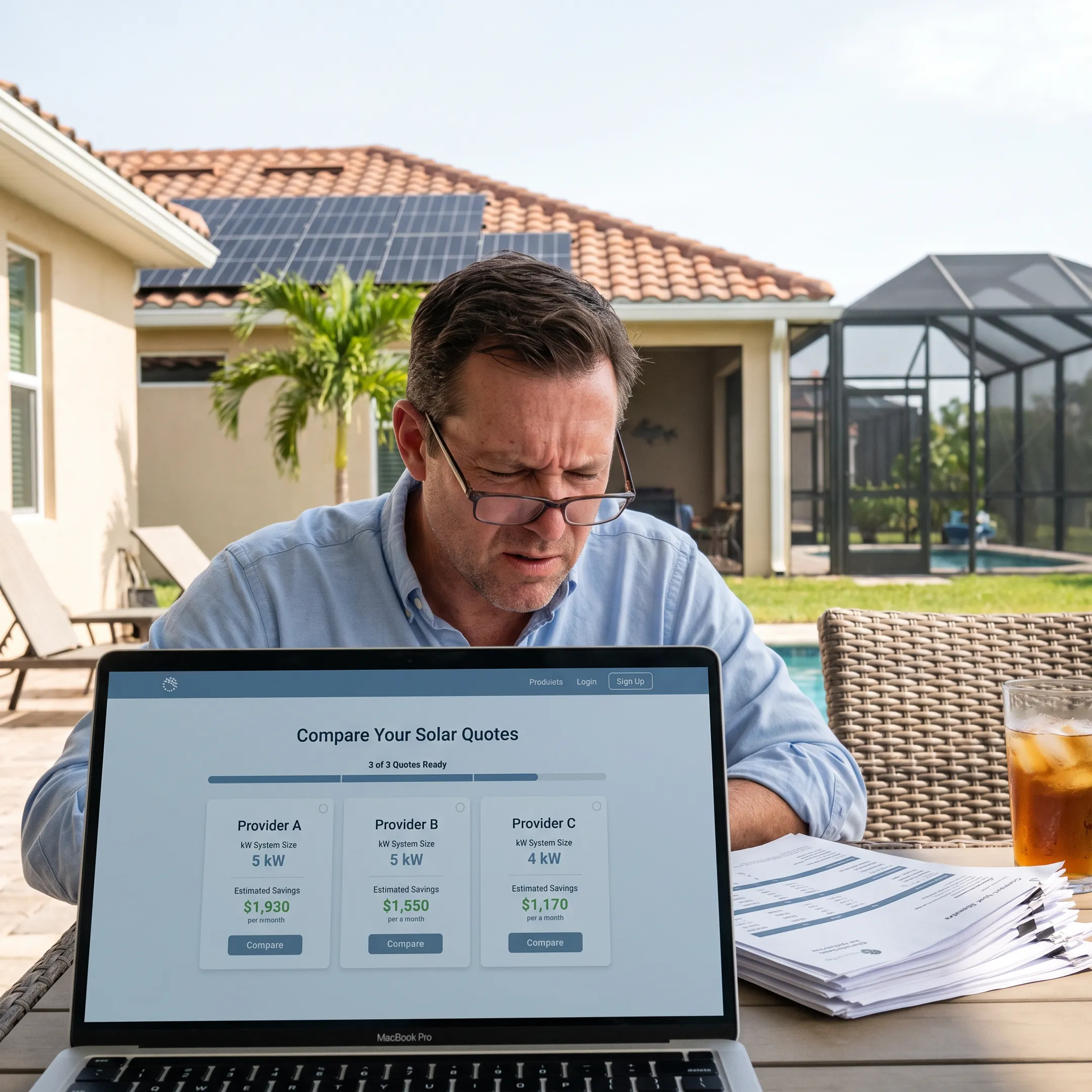 Homeowner comparing solar quotes with contractor options