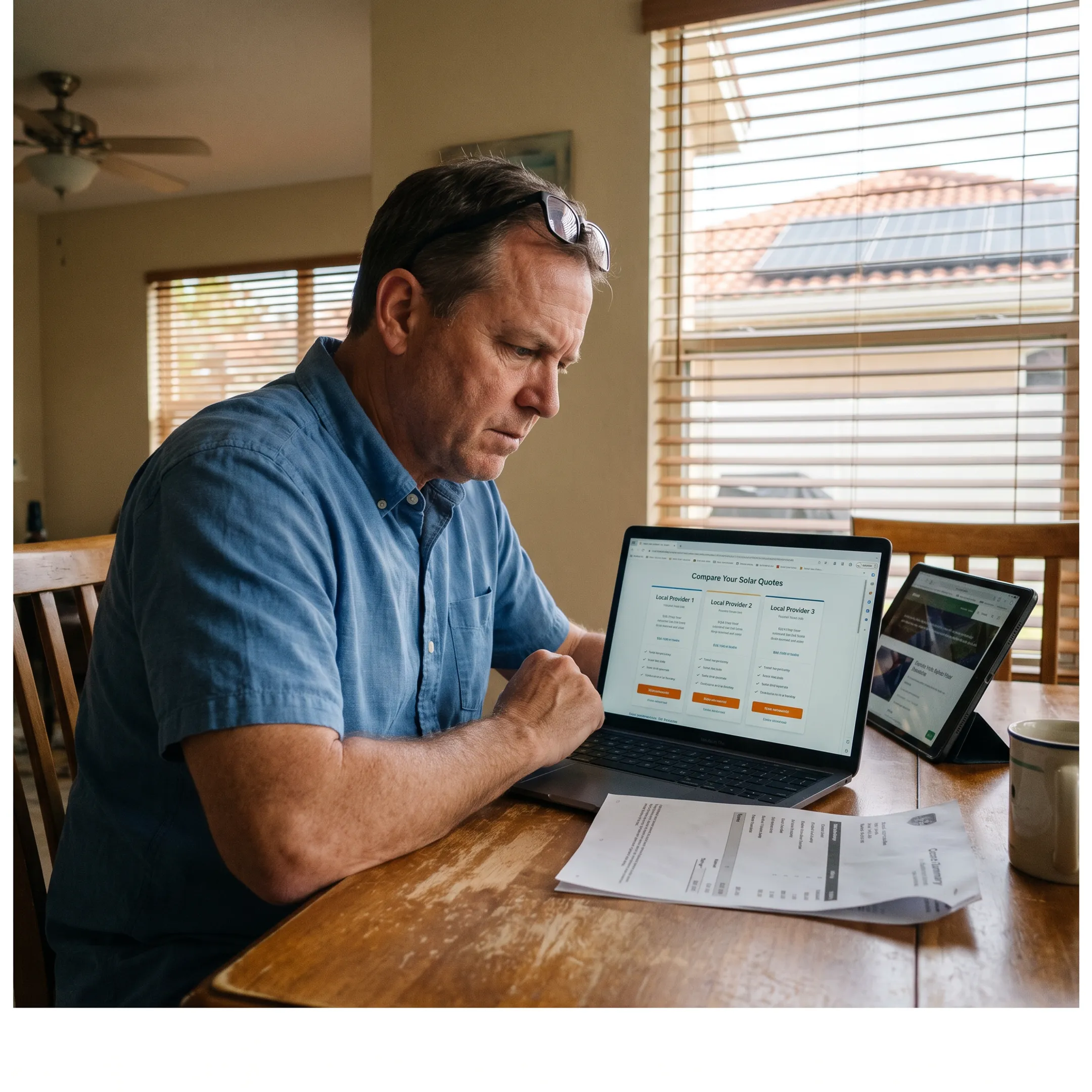 Homeowner reviewing solar contractor quotes for an Ocala home