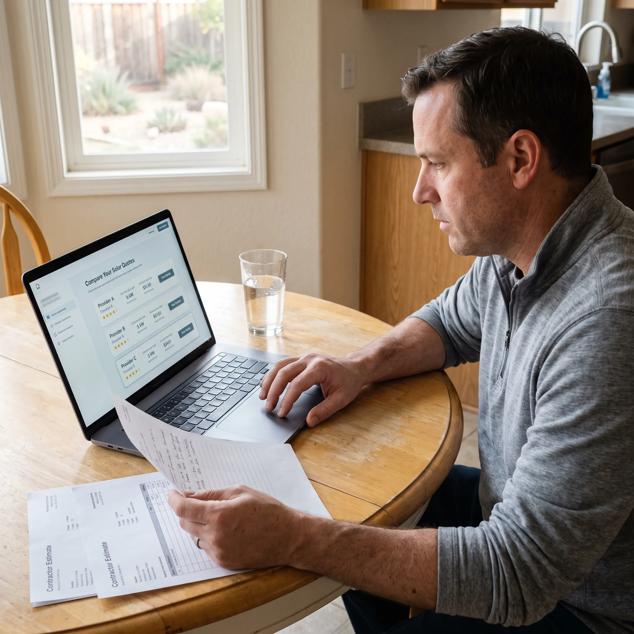 Vacaville homeowner reviewing solar contractor quote options online