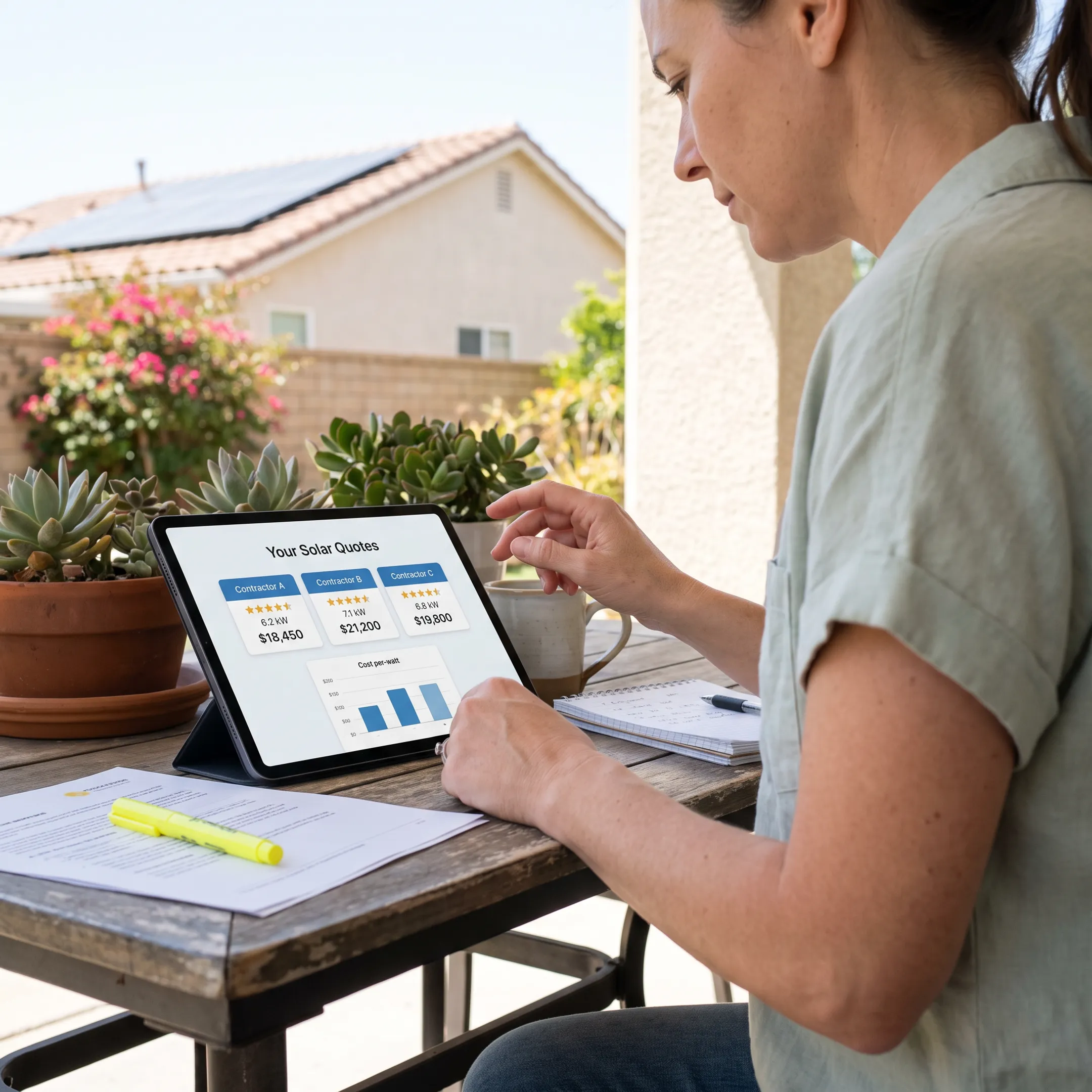 Homeowner comparing solar contractor quotes at home