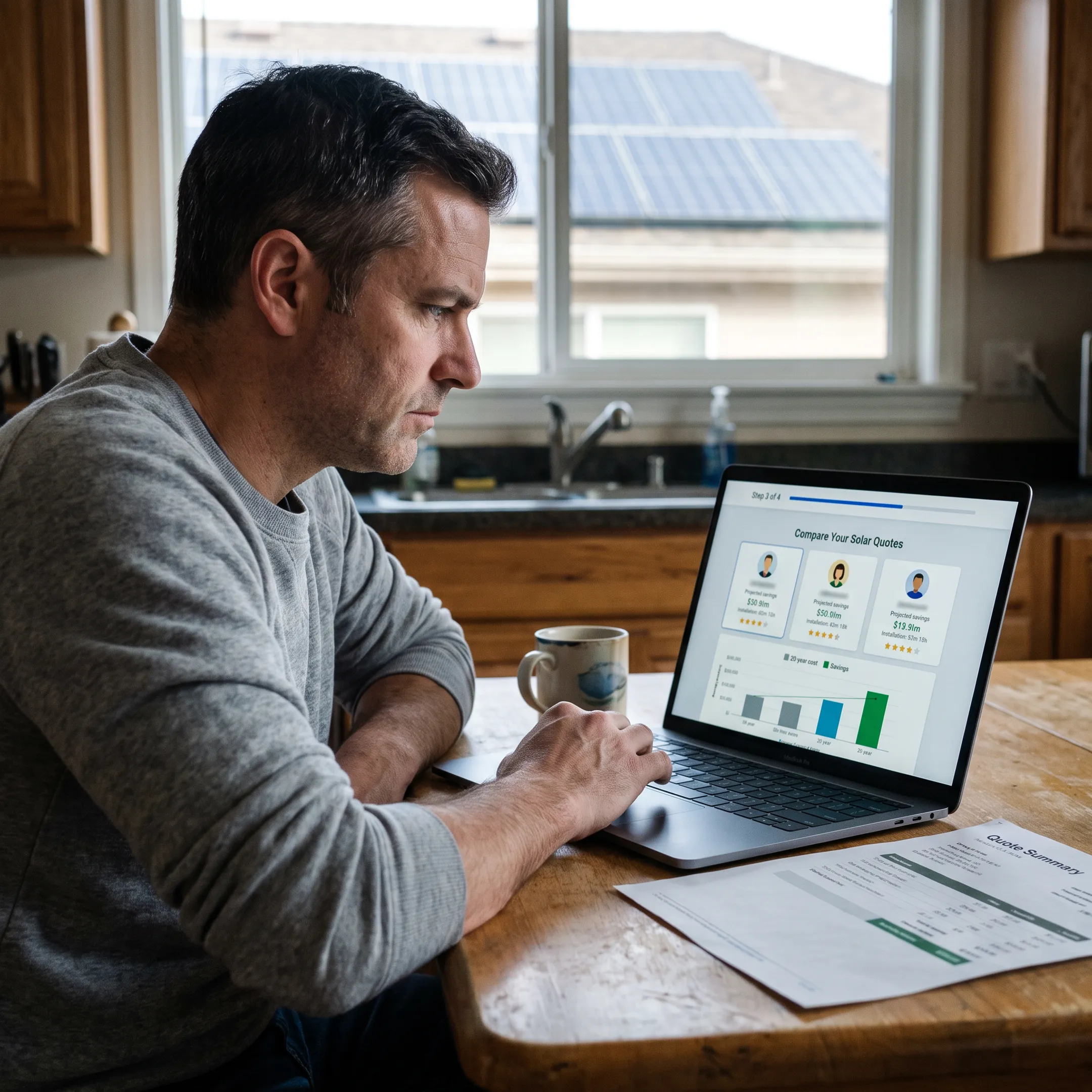 Pleasanton homeowner reviewing solar contractor quotes on a laptop