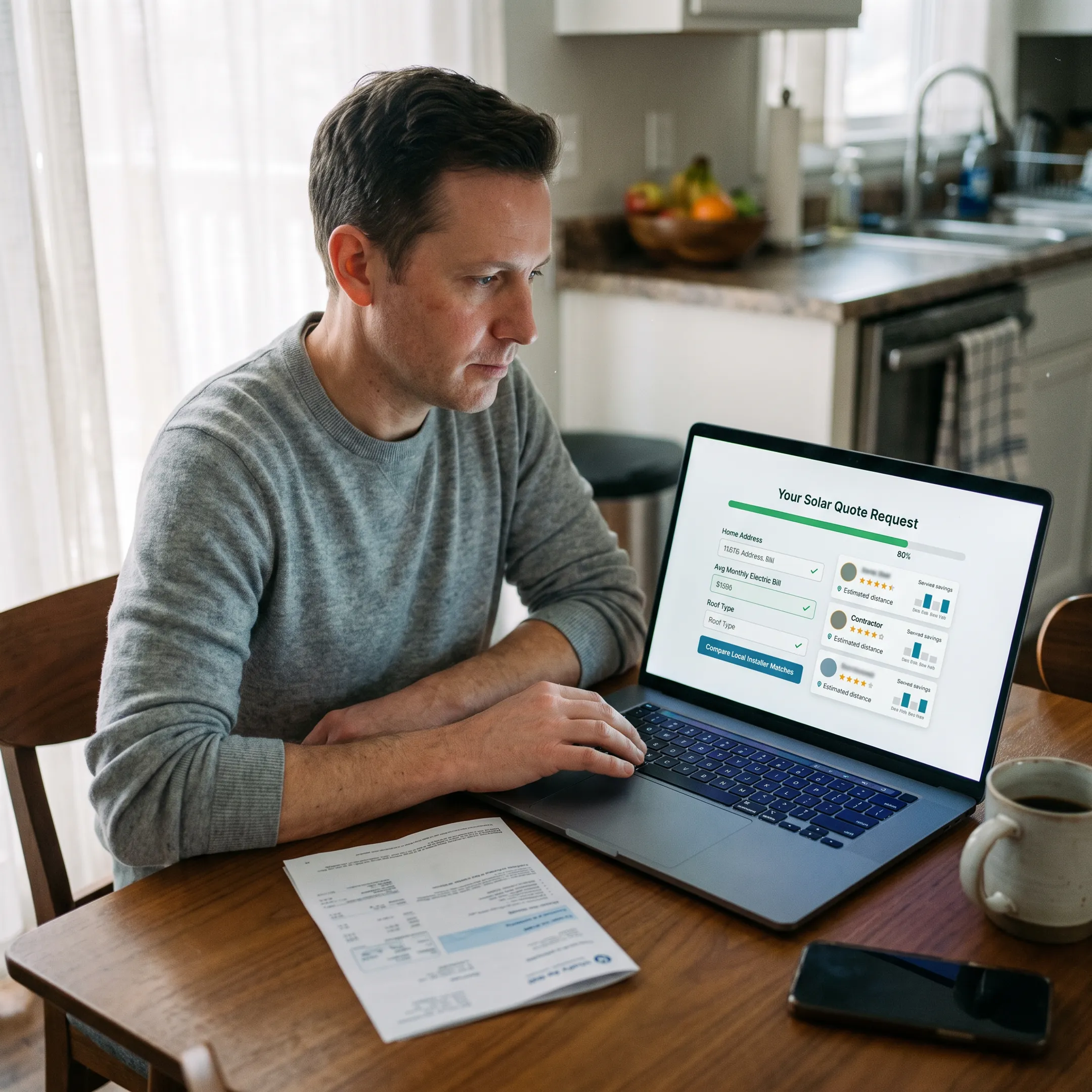 Homeowner completing a solar quote matching request online