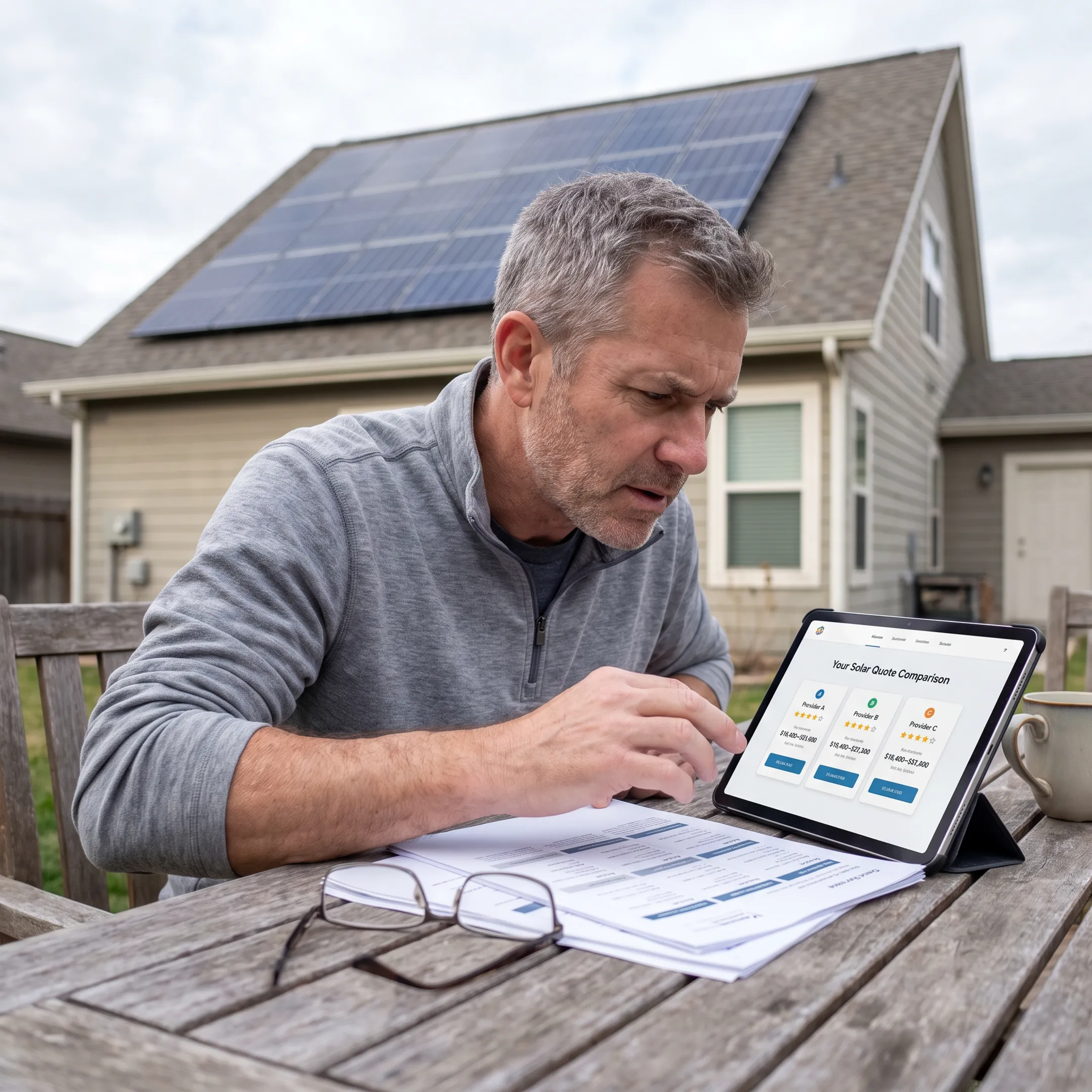 Homeowner reviewing solar installation quotes for a Summerville home