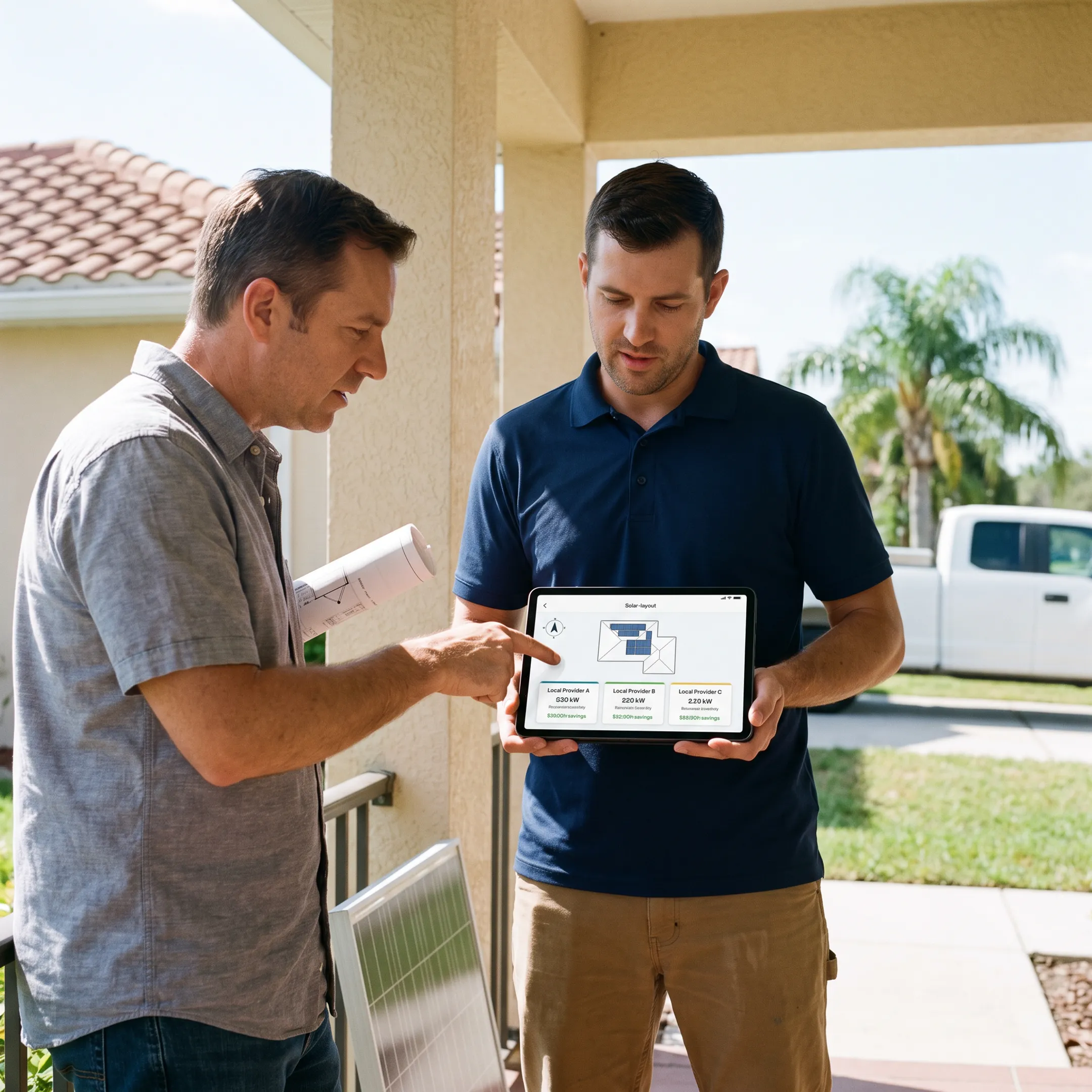 Florida homeowner reviewing solar roof installation options with a contractor