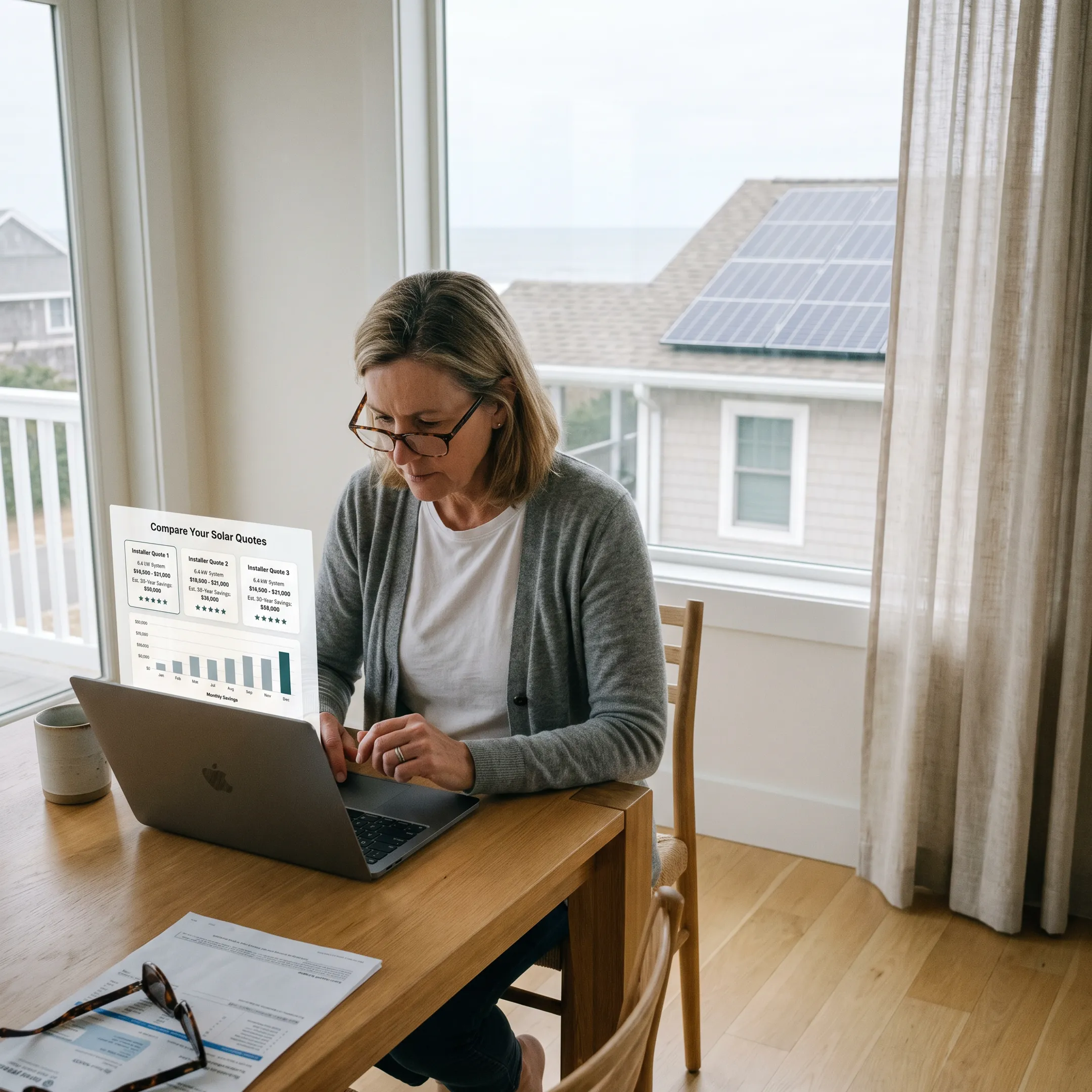 Homeowner reviewing solar contractor quote options at a kitchen table