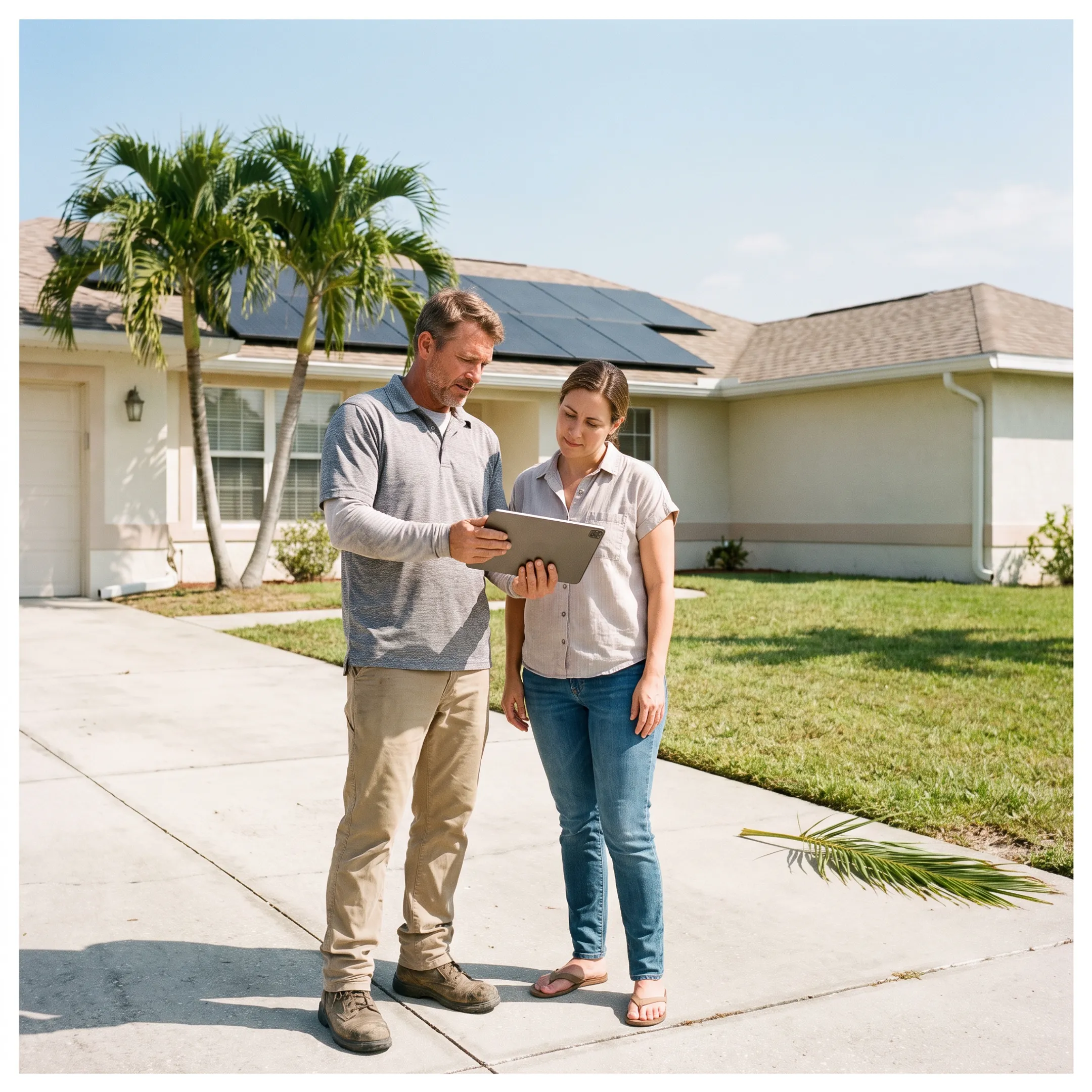 Home with rooftop solar panels in a sunny Bradenton neighborhood