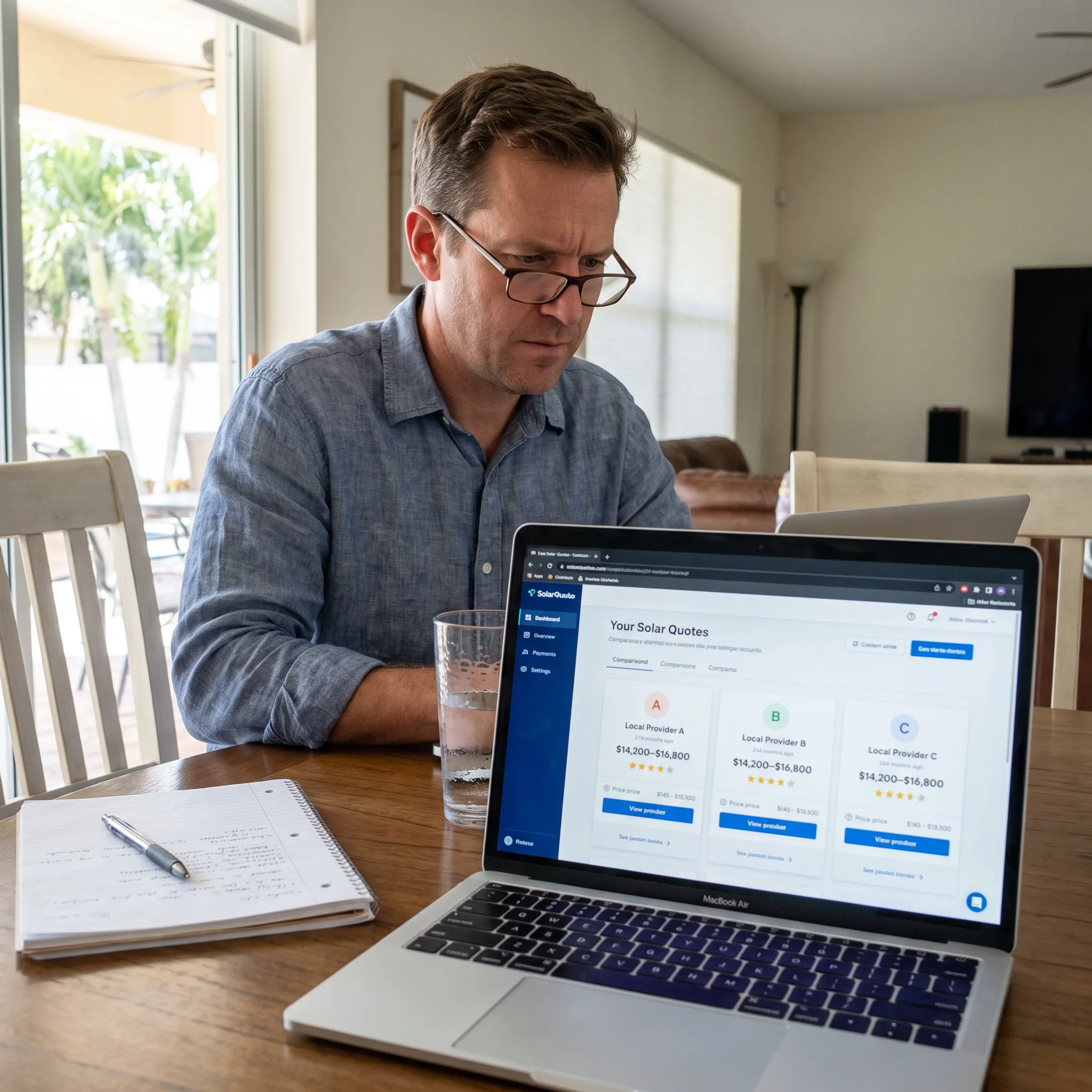 Homeowner reviewing solar contractor matches on a laptop