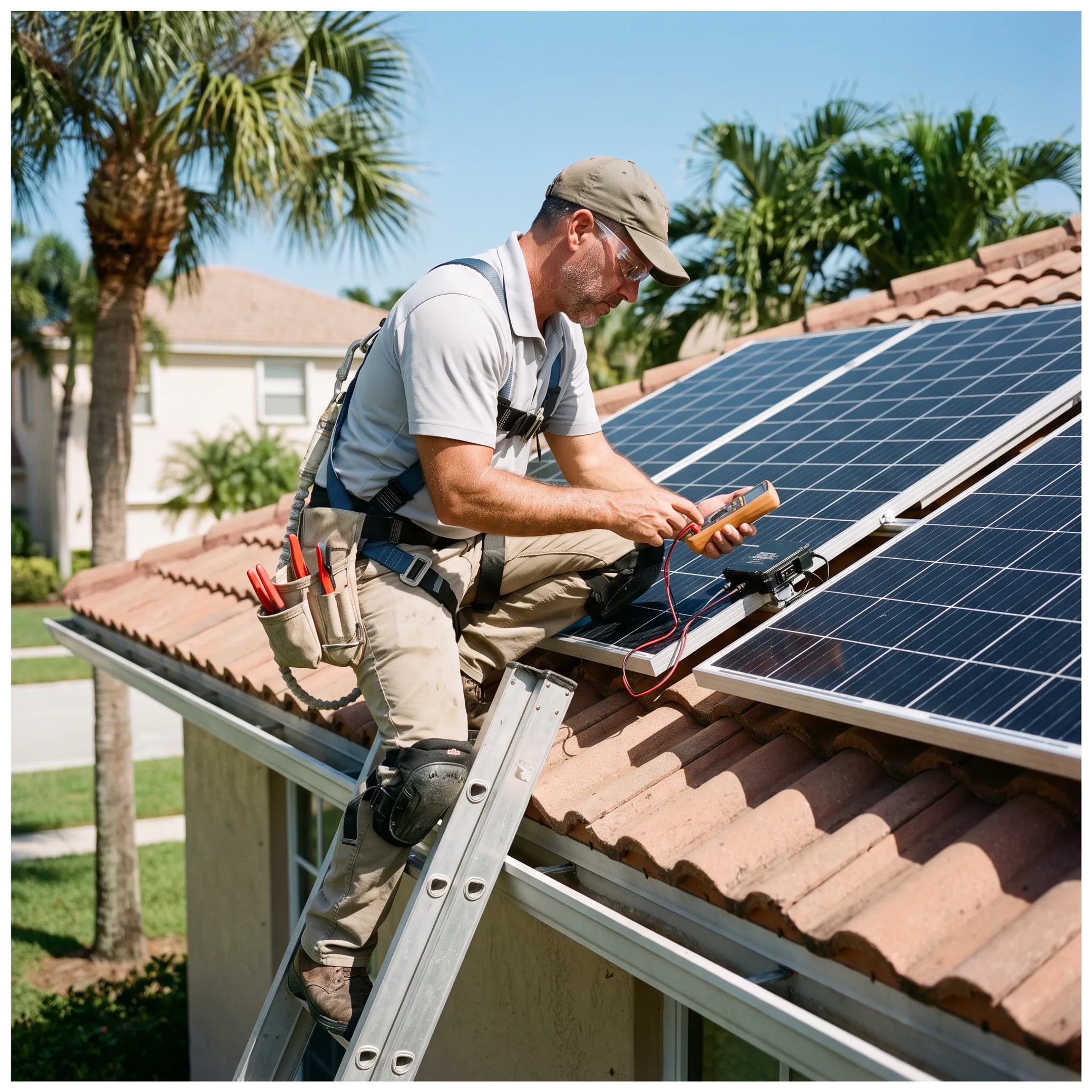 Home with rooftop solar panels under bright South Florida skies