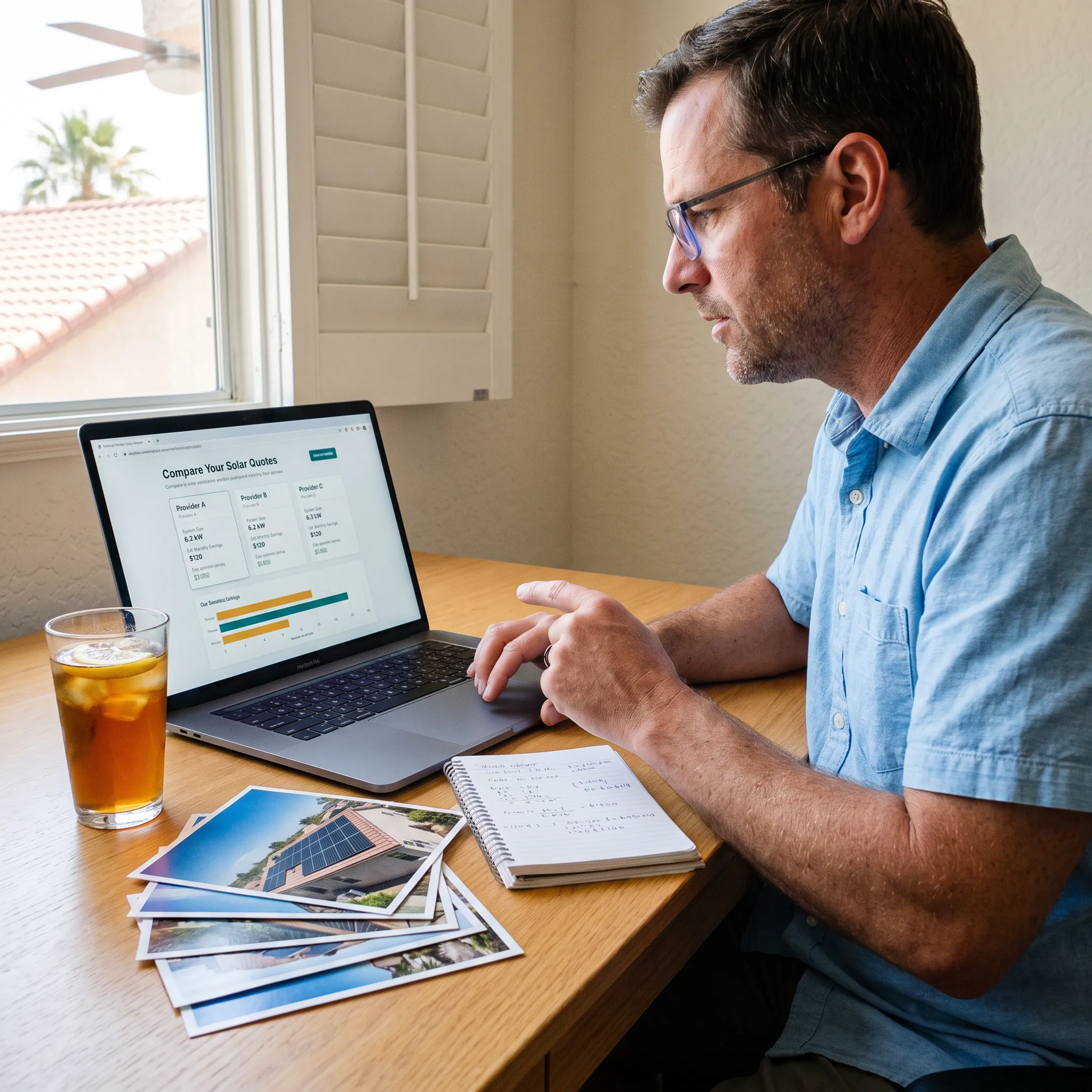 Homeowner reviewing solar contractor quote options at a kitchen table