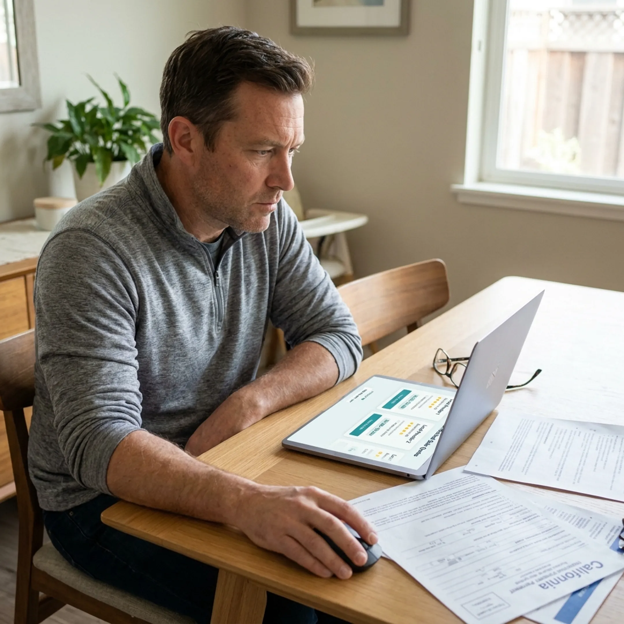 Homeowner reviewing matched solar contractors for a California home