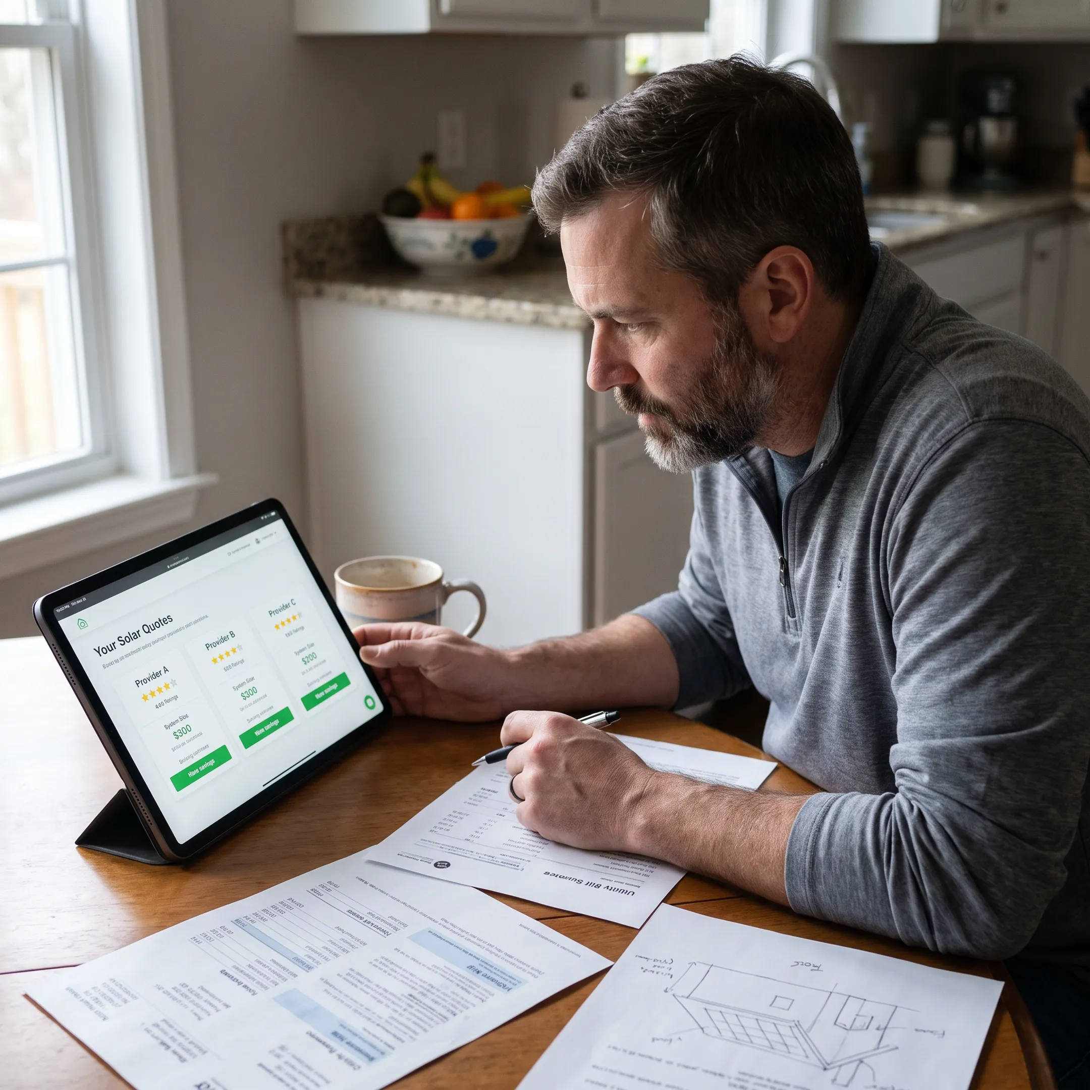 Homeowner reviewing solar contractor quote options
