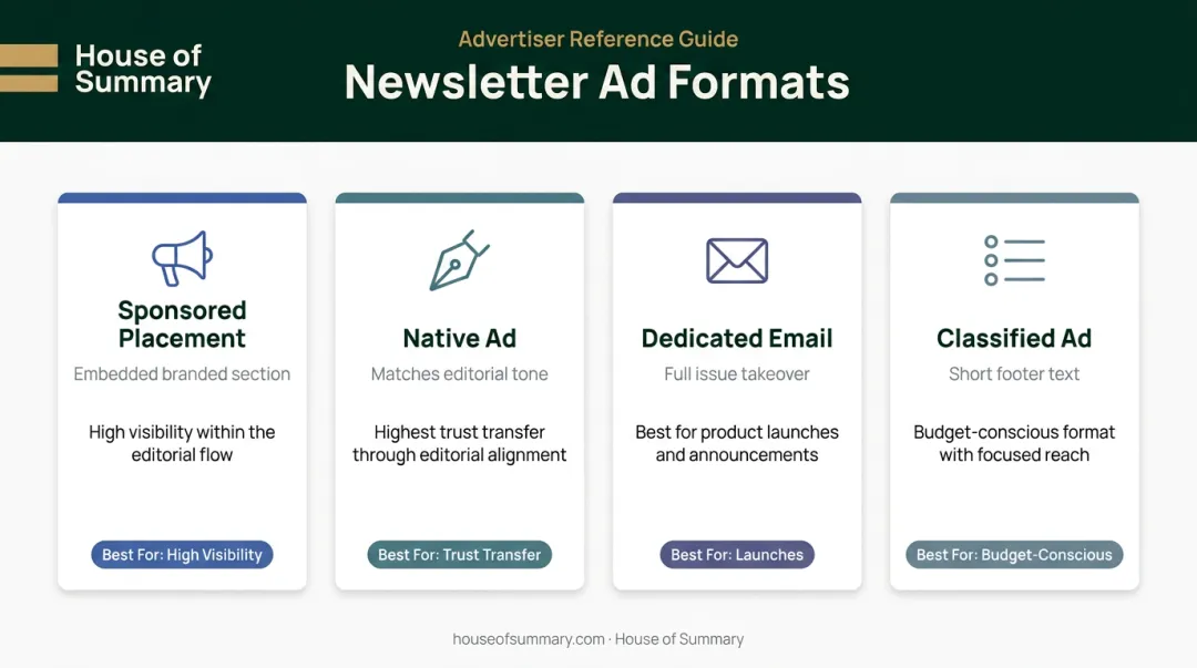 Four newsletter ad format types comparison chart sponsored native dedicated classified