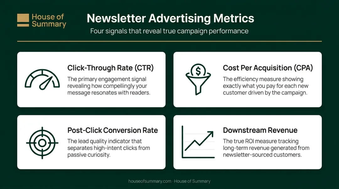 Newsletter ad campaign key metrics dashboard CTR CPA conversion rate revenue ROI