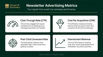 Newsletter ad campaign key metrics dashboard CTR CPA conversion rate revenue ROI