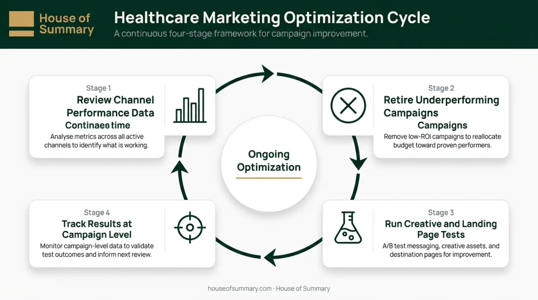 Continuous healthcare marketing optimization cycle four-step process flow diagram