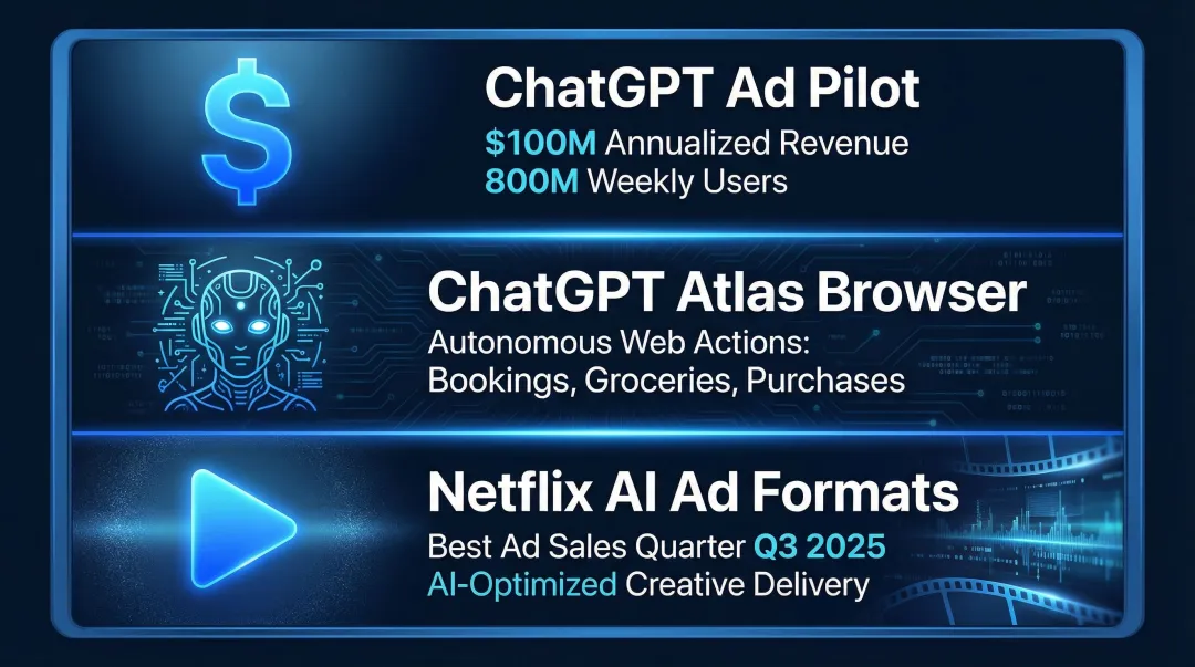 Three major AI marketing milestones infographic showing ChatGPT Netflix and Atlas developments