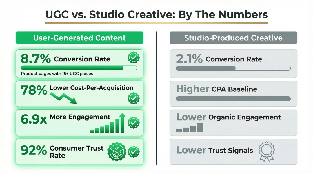 UGC versus studio-produced content conversion rate and cost-per-acquisition comparison infographic
