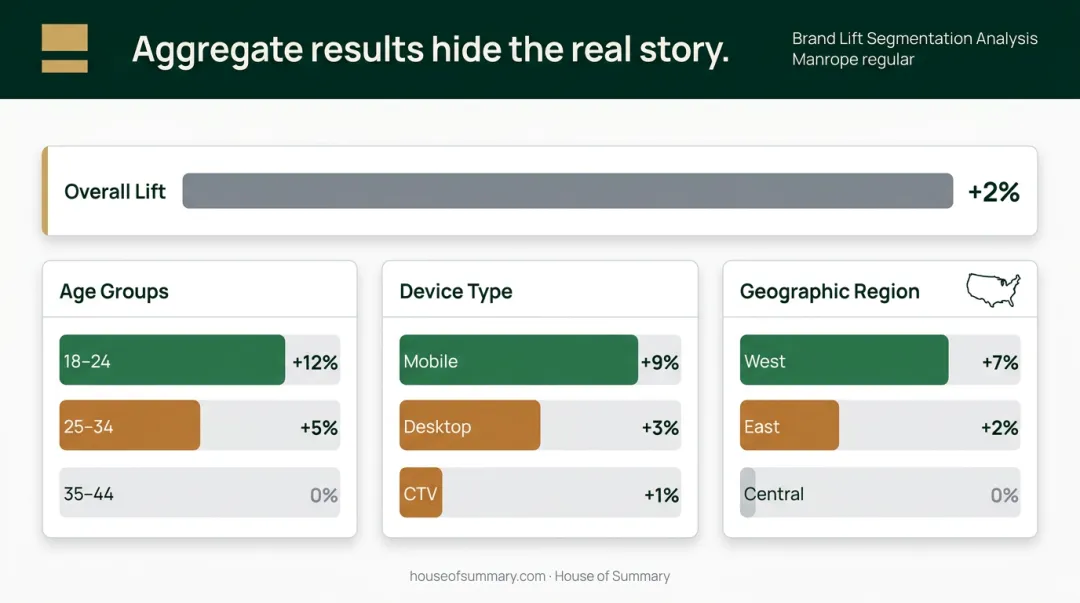 Brand lift segmentation analysis breakdown by age gender device and geographic region