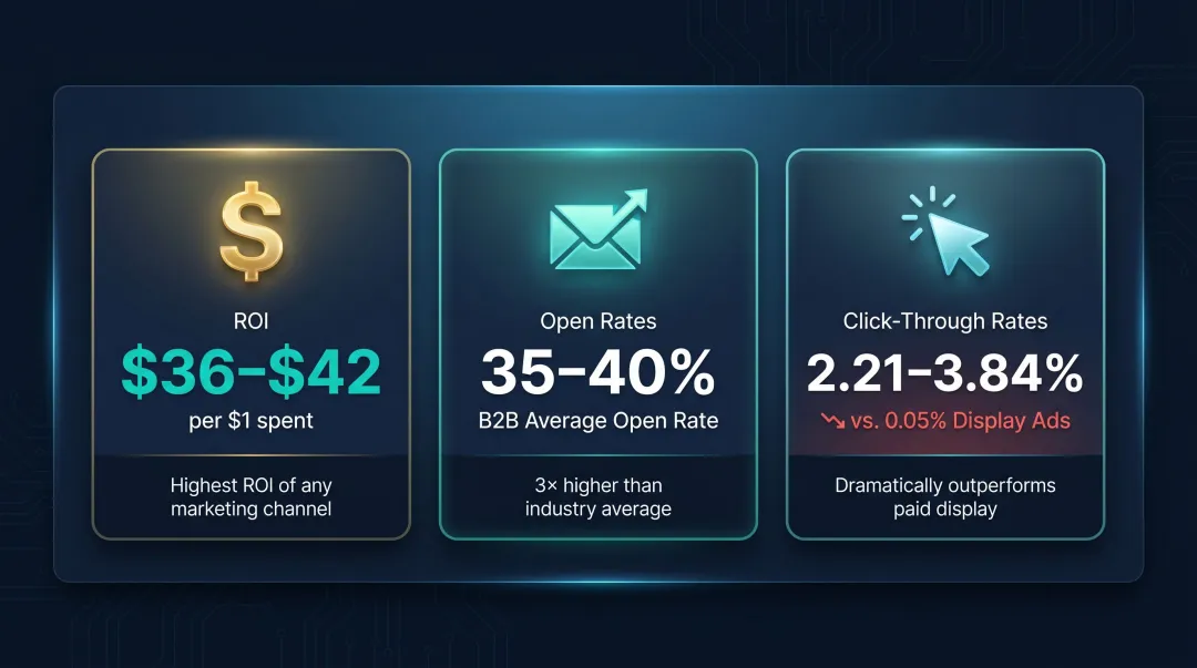 B2B email newsletter ROI open rate and click-through rate benchmark statistics