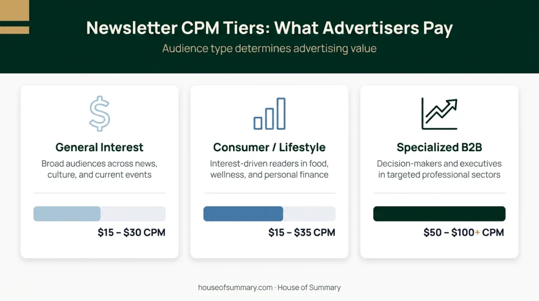 Newsletter advertising CPM pricing comparison by audience type infographic