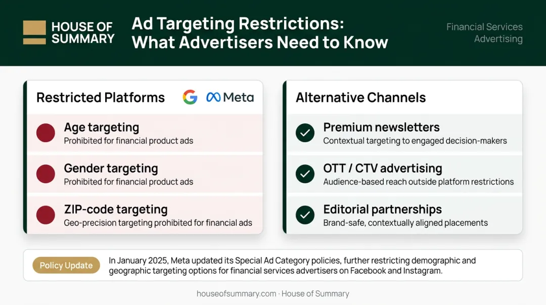 Google and Meta financial advertising restrictions versus alternative premium channel comparison
