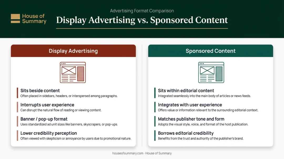 Sponsored content versus display advertising placement comparison side-by-side infographic