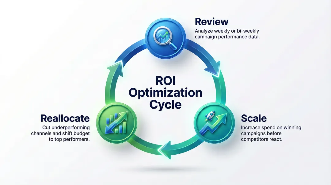 Dubai advertising optimization loop showing review reallocate and scale cycle